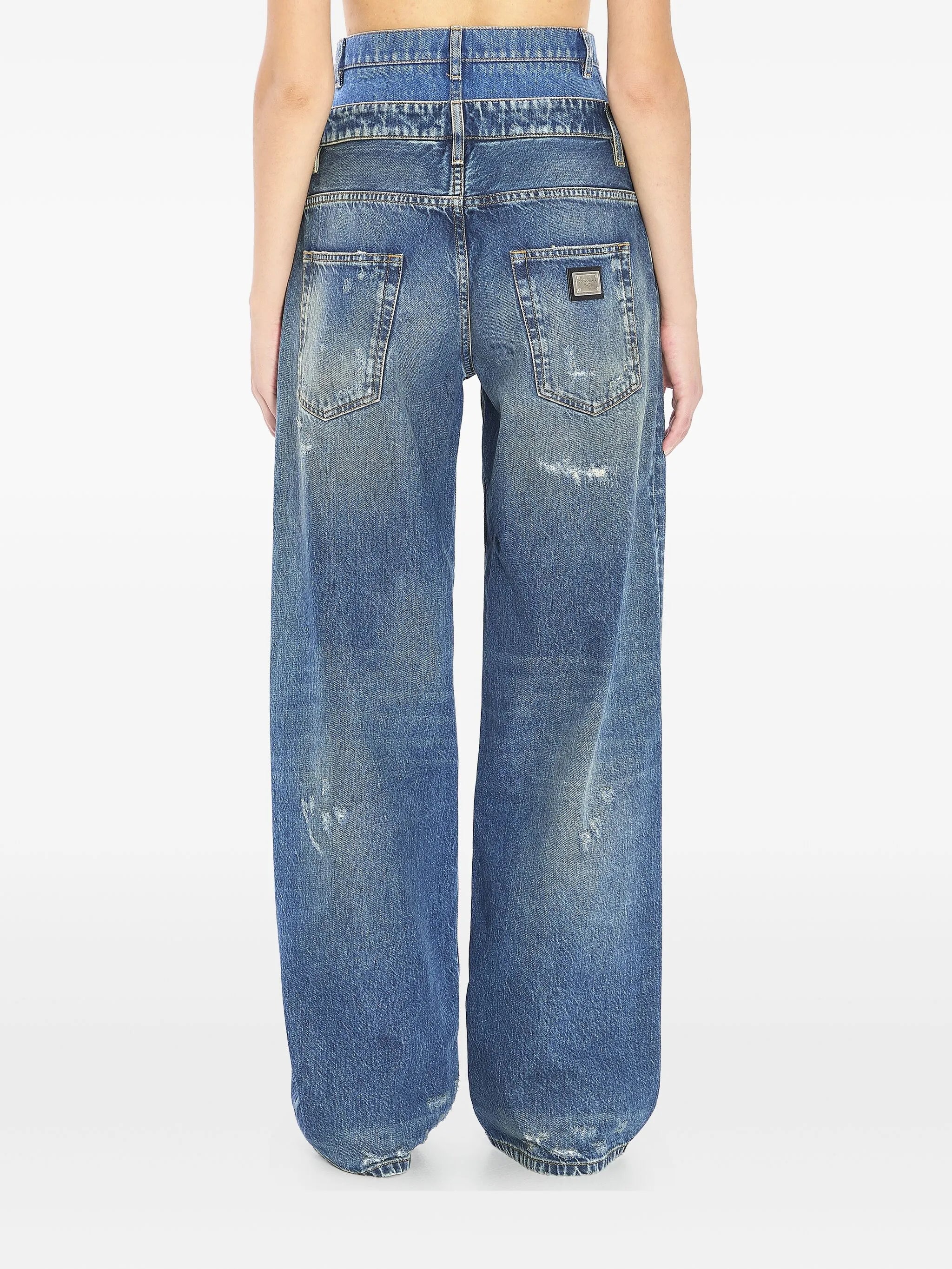 double-waist distressed jeans