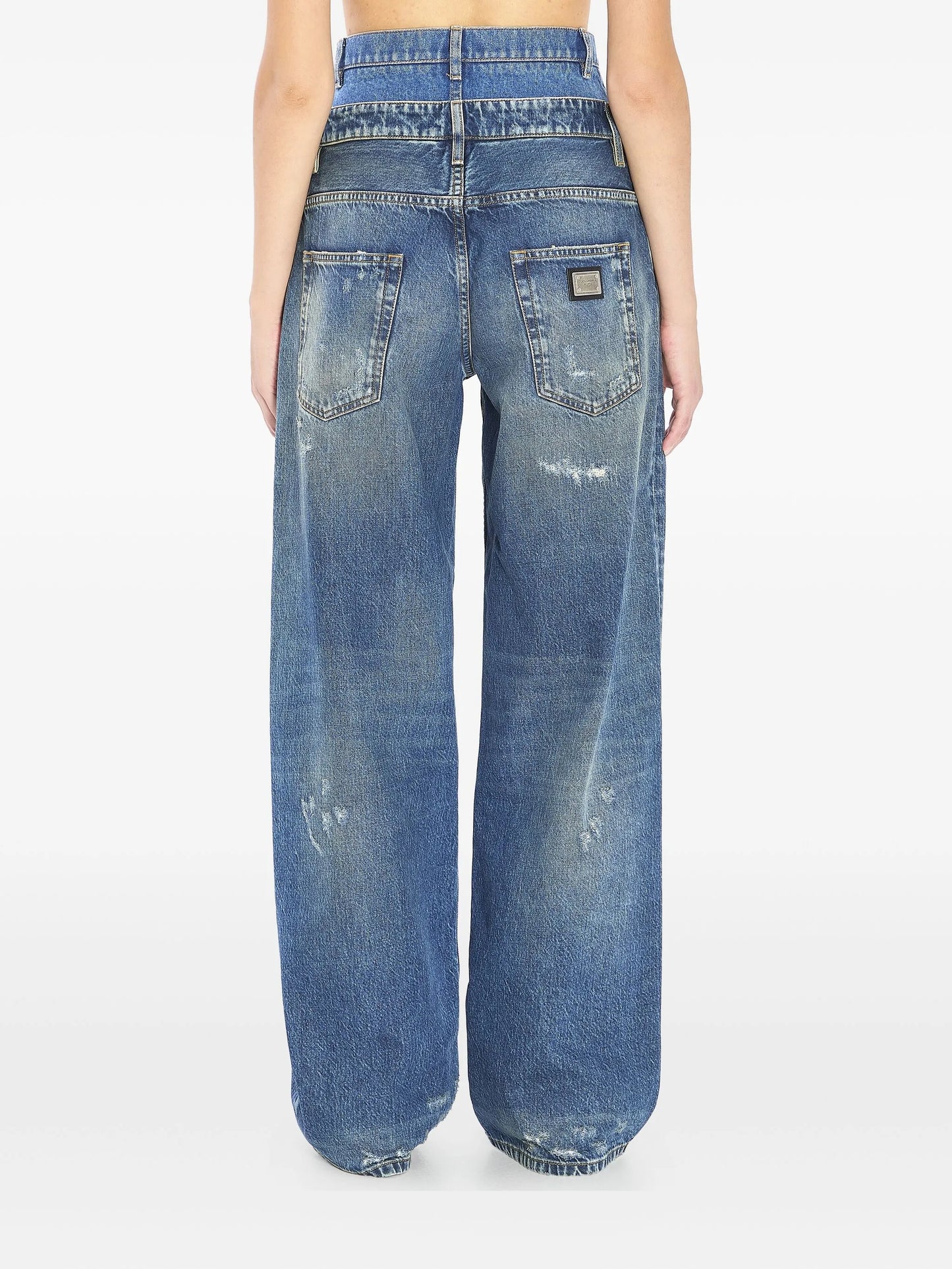 double-waist distressed jeans