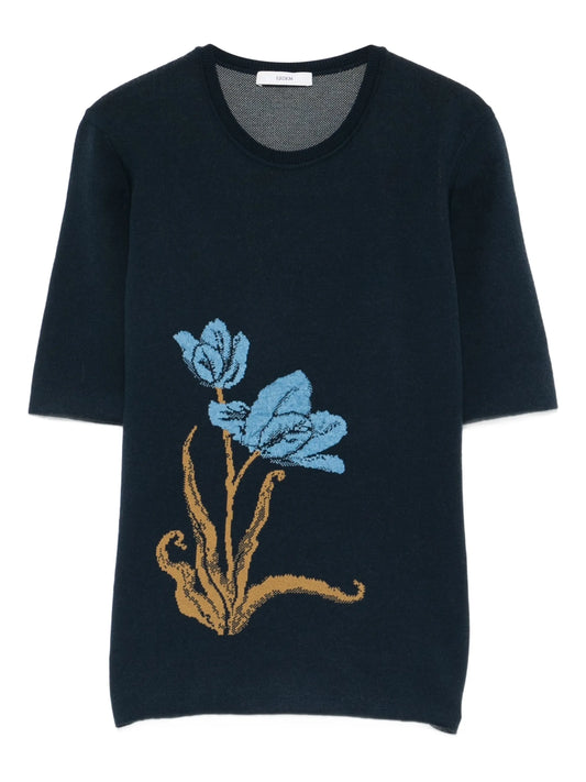 floral-motif knitted T-shirt