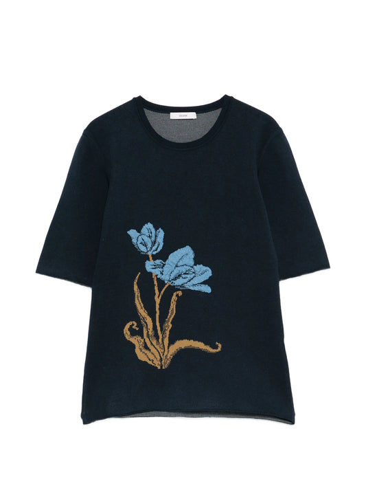 floral-motif knitted T-shirt
