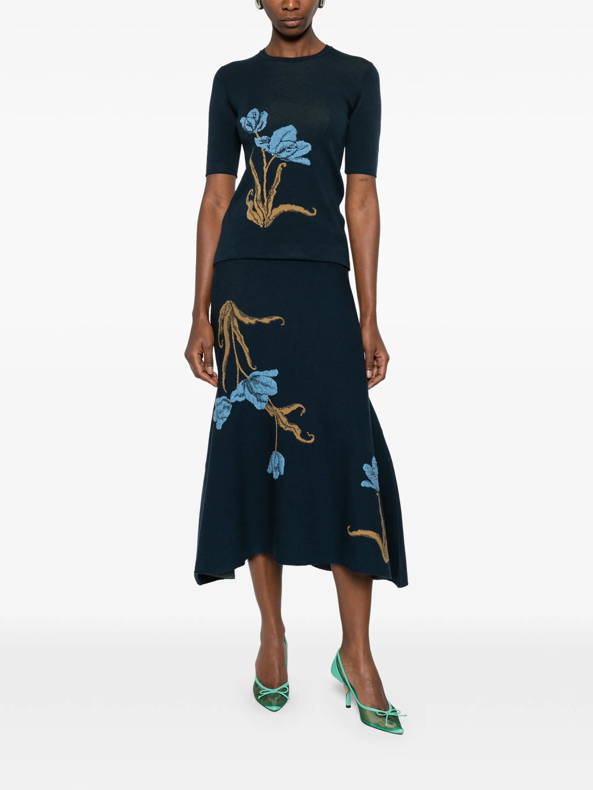 floral-motif A-line midi skirt