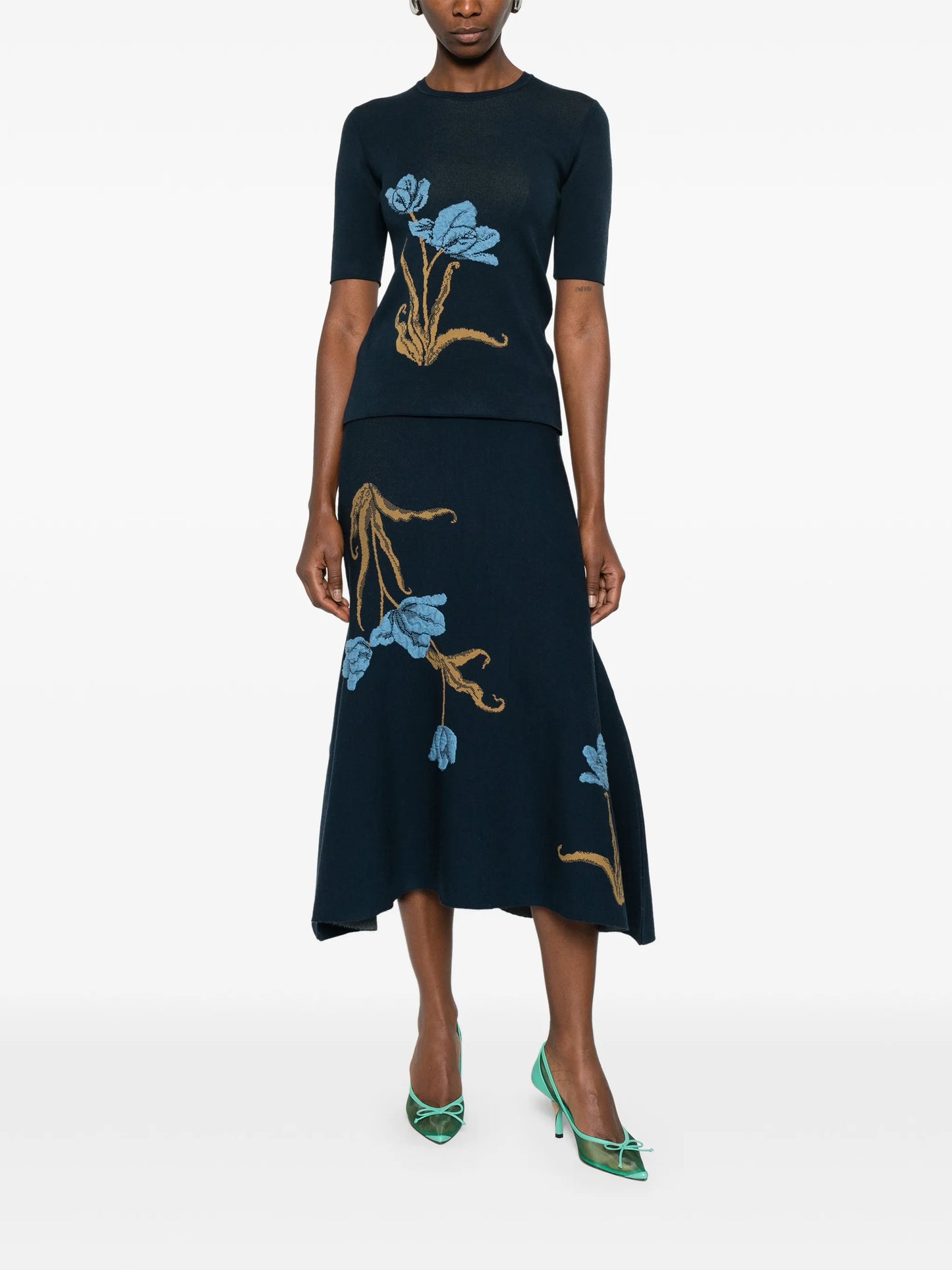 floral-motif A-line midi skirt