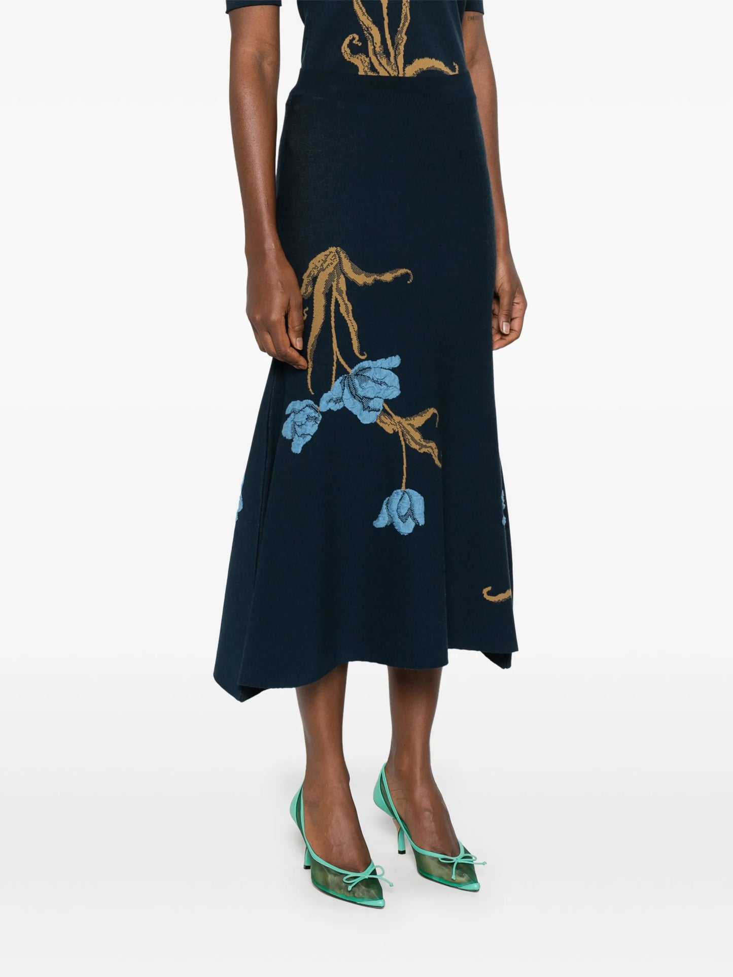 floral-motif A-line midi skirt