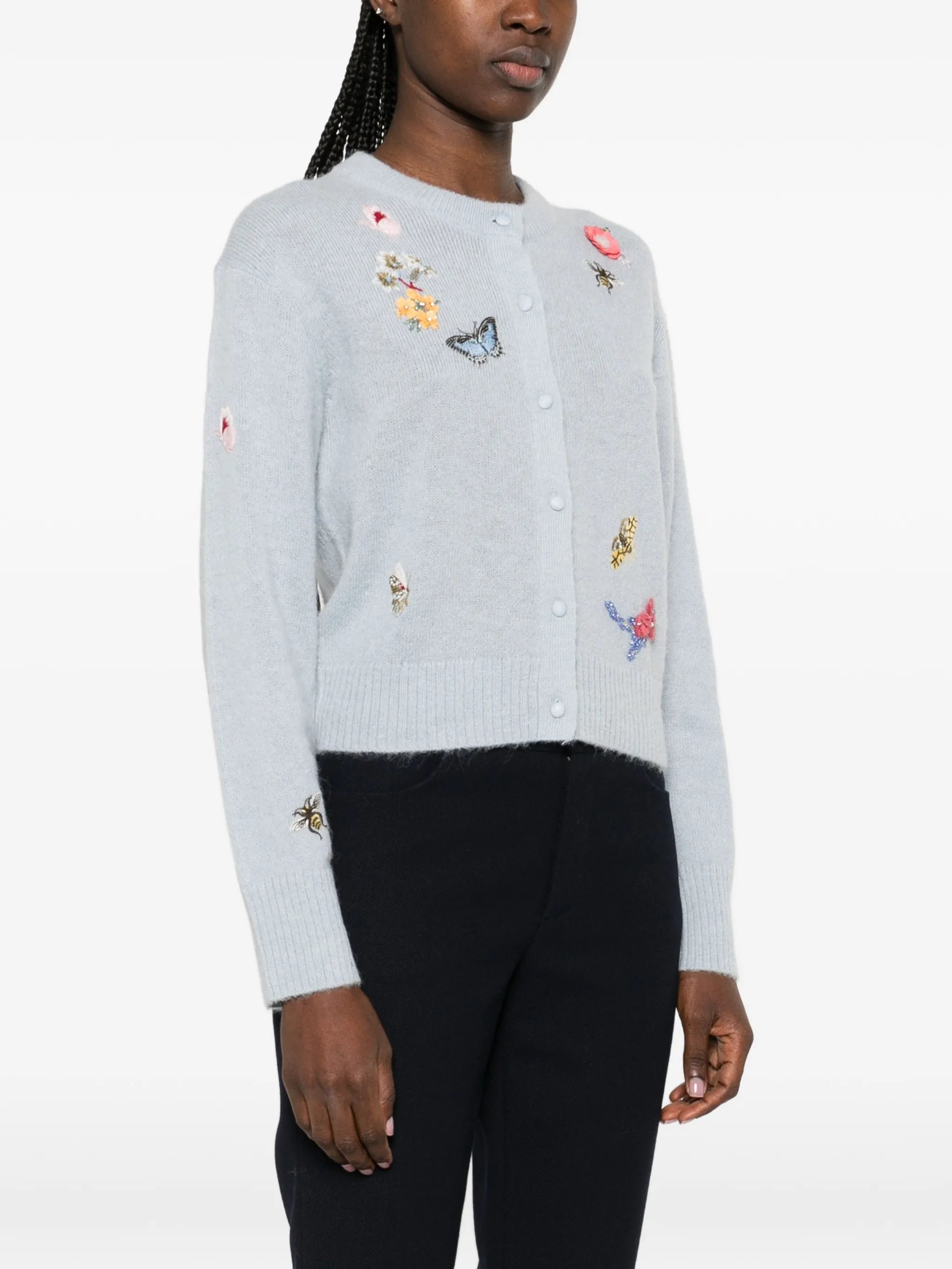floral-embellished crew-neck cardigan