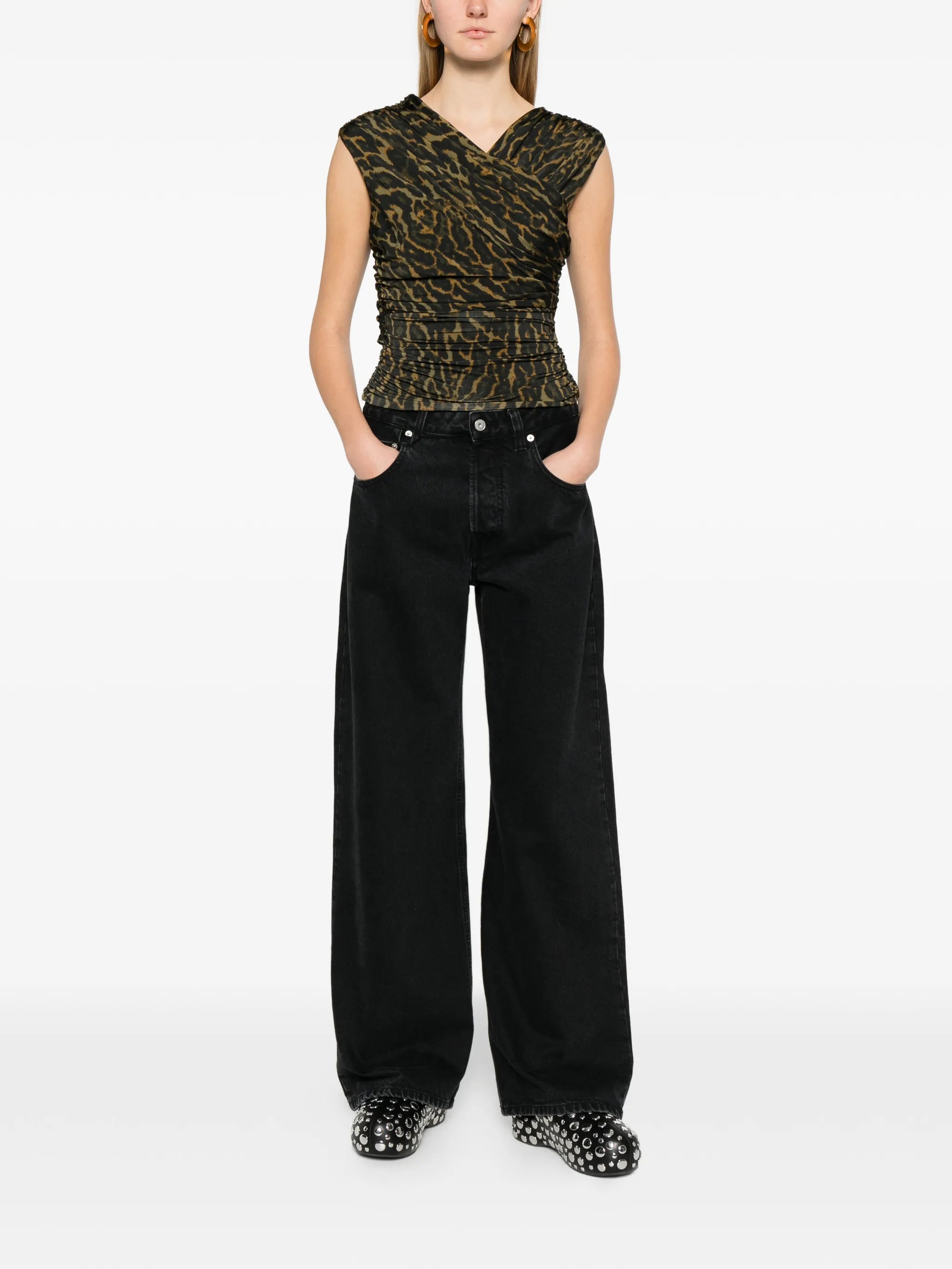 leopard-print gathered blouse
