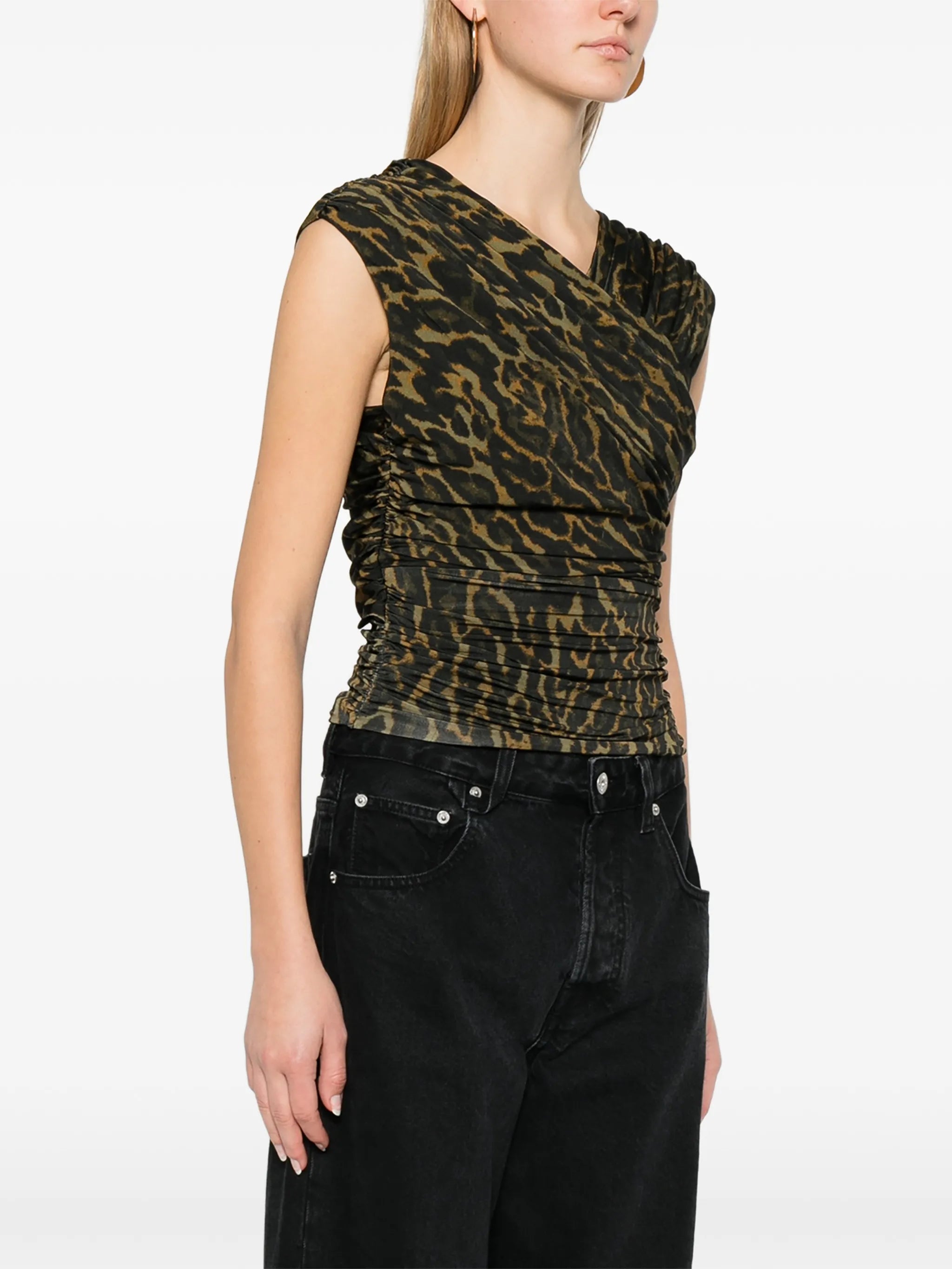 leopard-print gathered blouse