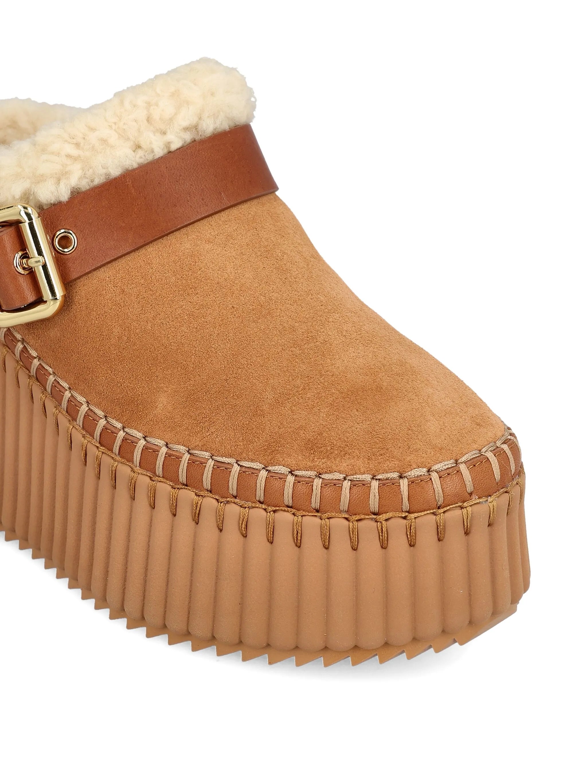 Nama wedge shearling buckle mules