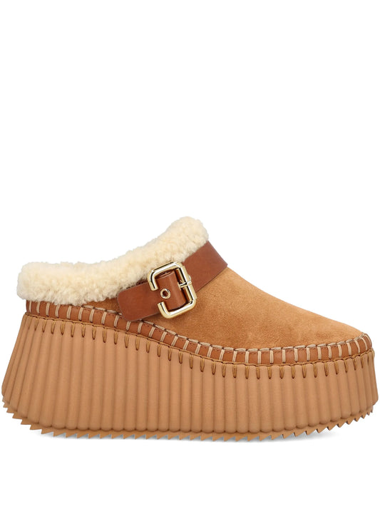 Nama wedge shearling buckle mules
