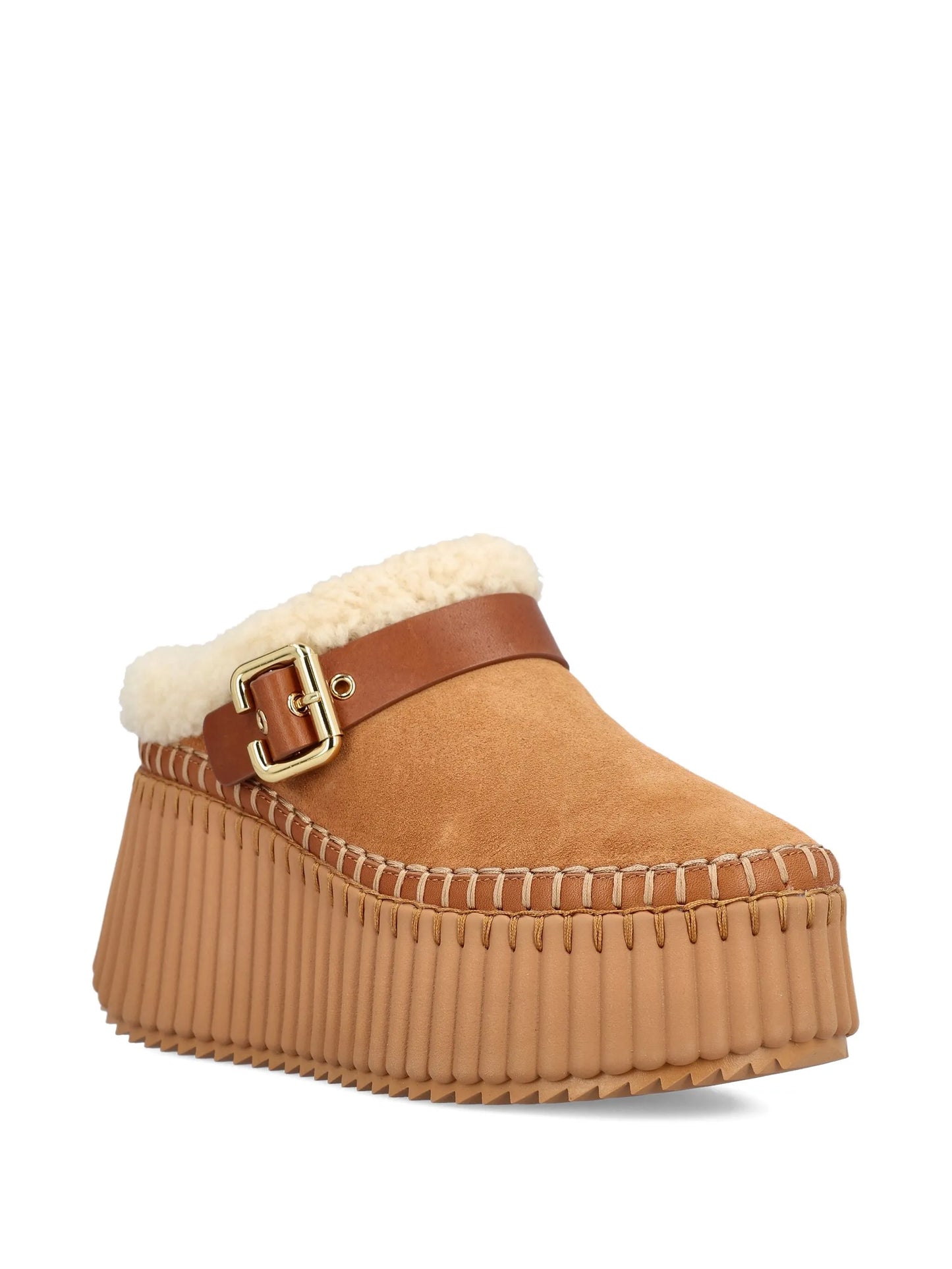Nama wedge shearling buckle mules
