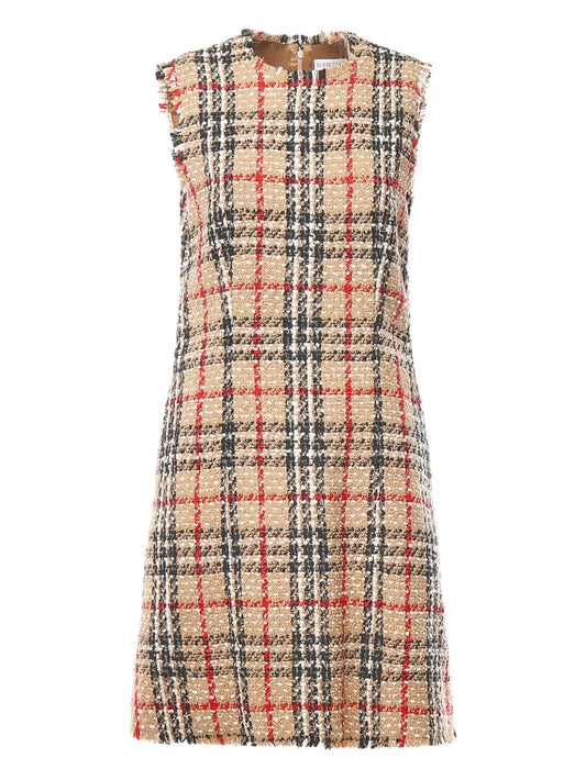 checked-pattern frayed midi dress