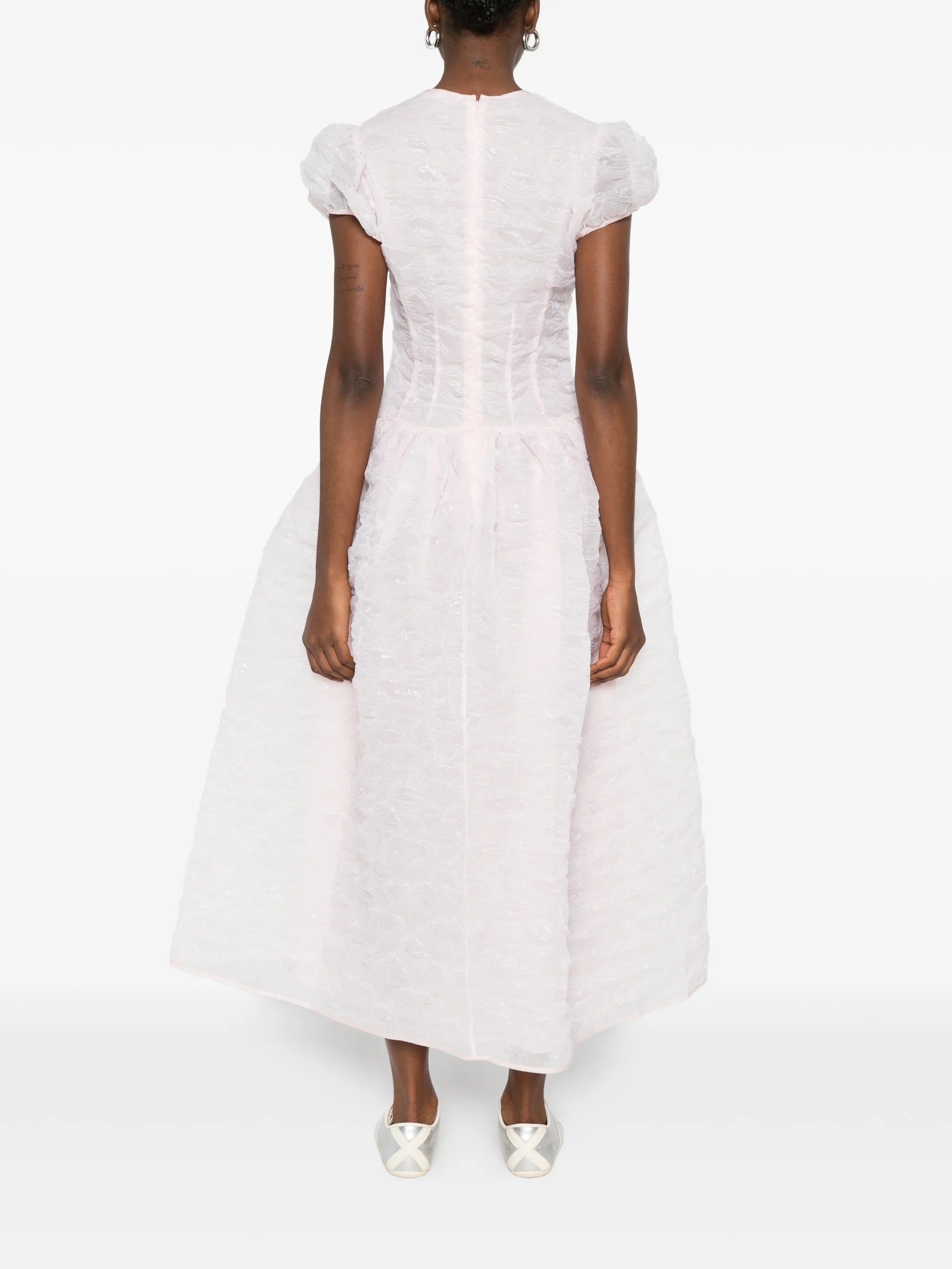 puff-sleeve seam-detail midi  dress