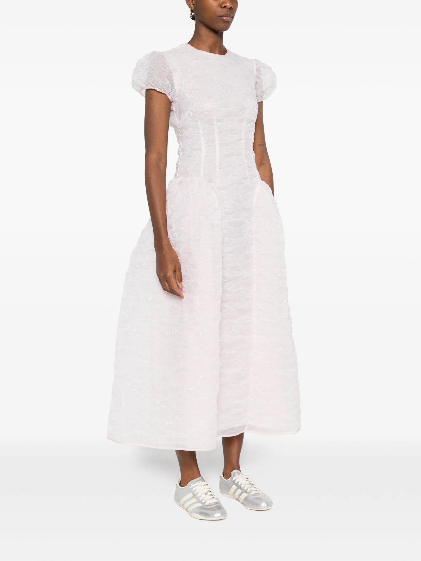 puff-sleeve seam-detail midi  dress