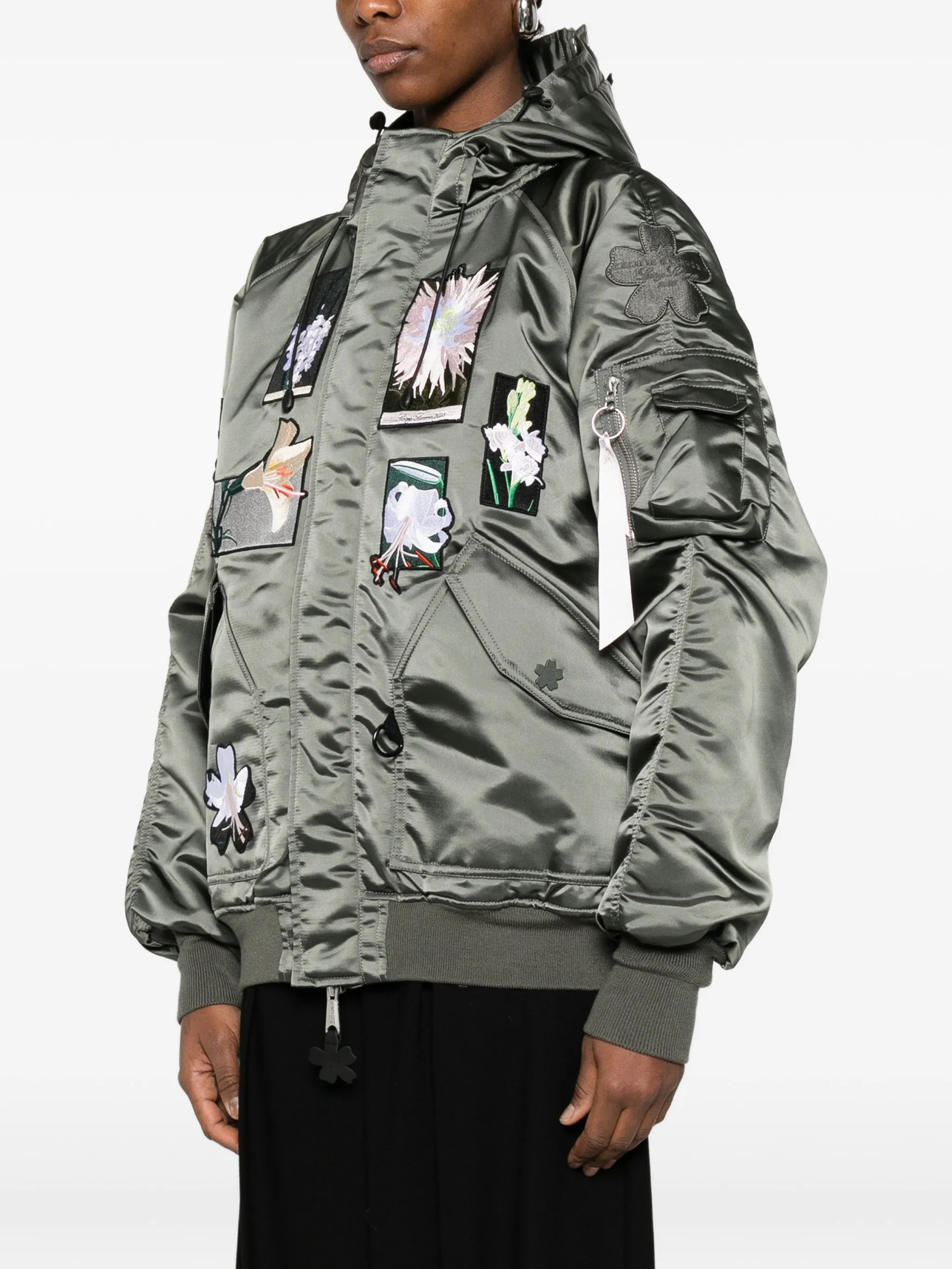 floral-patch hooded bomber jacket