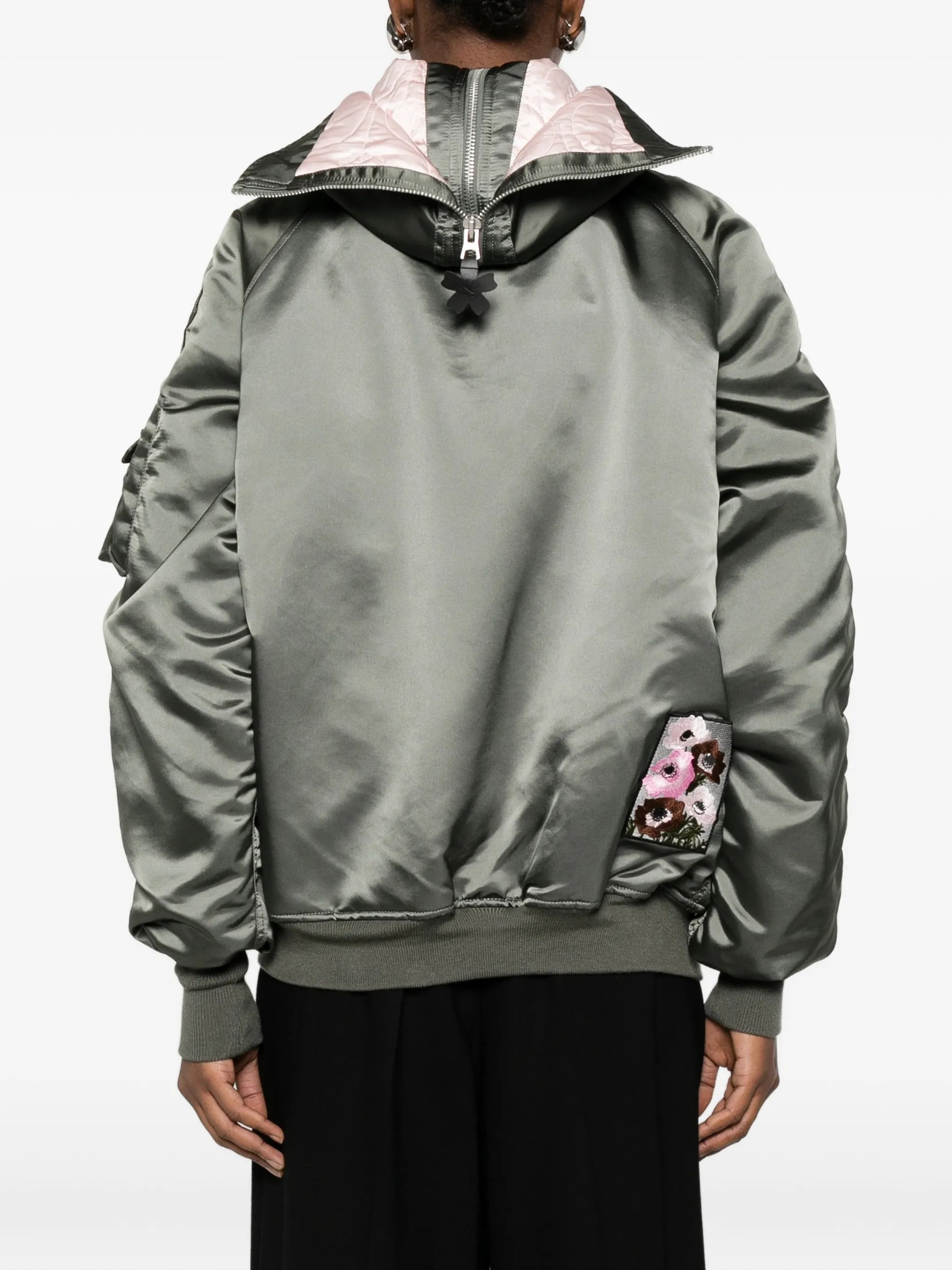 floral-patch hooded bomber jacket