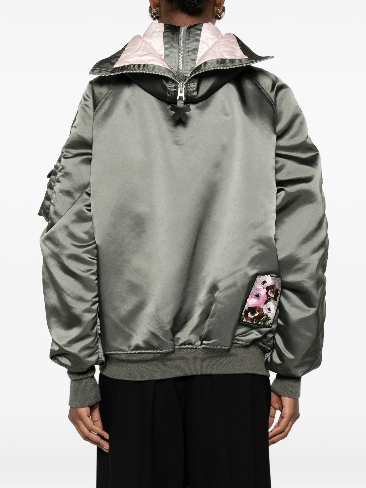 floral-patch hooded bomber jacket