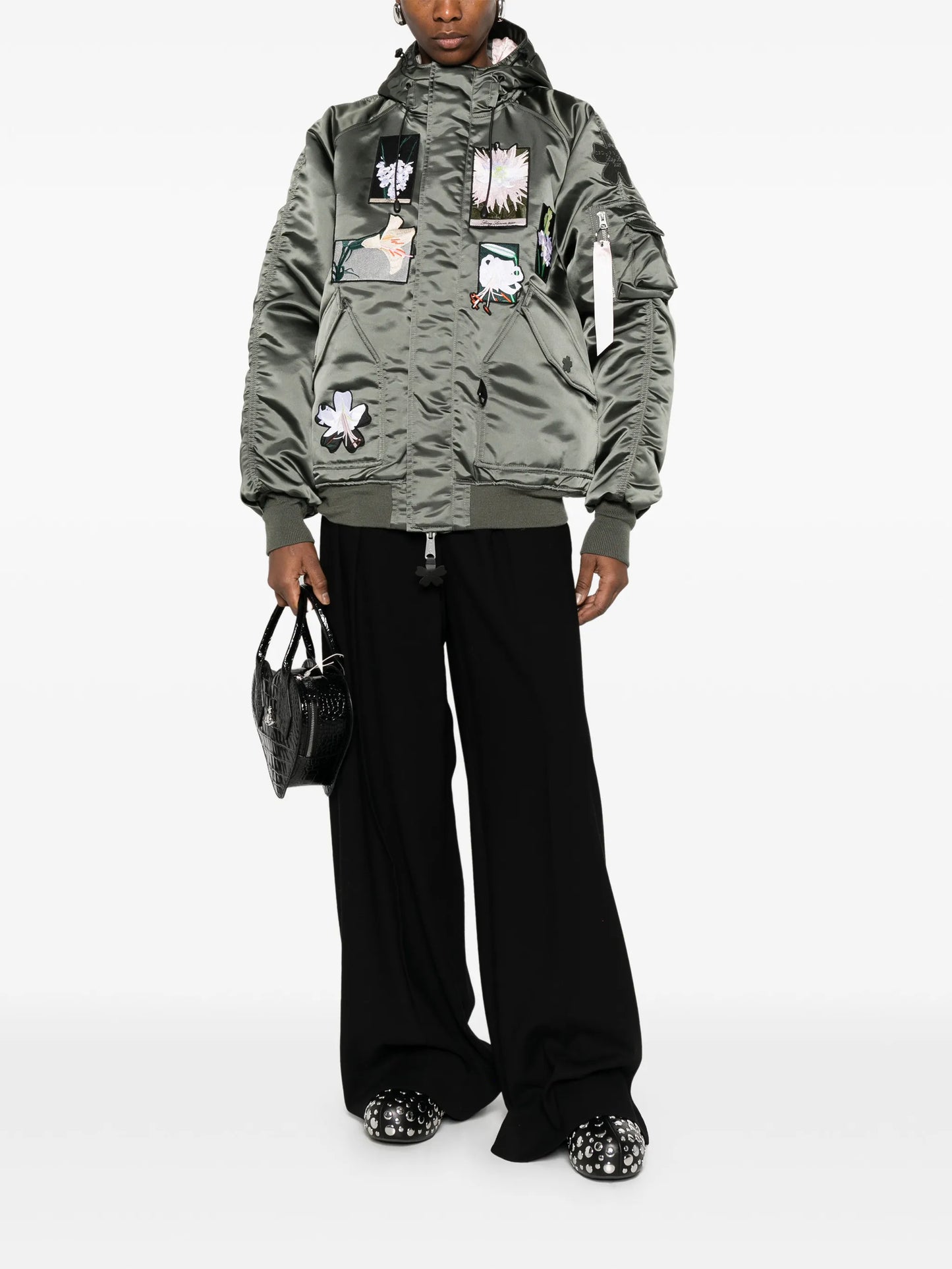 floral-patch hooded bomber jacket