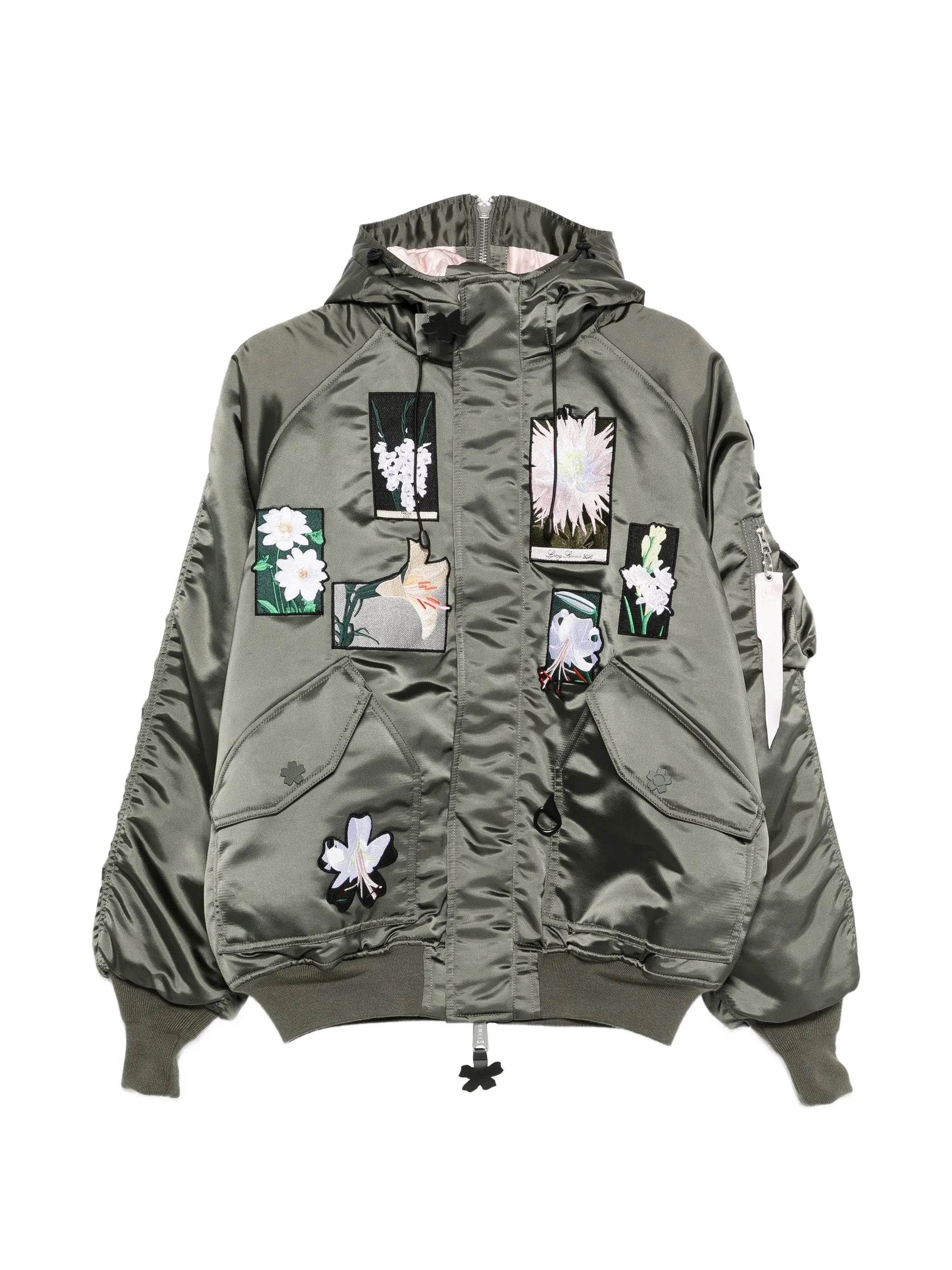 floral-patch hooded bomber jacket