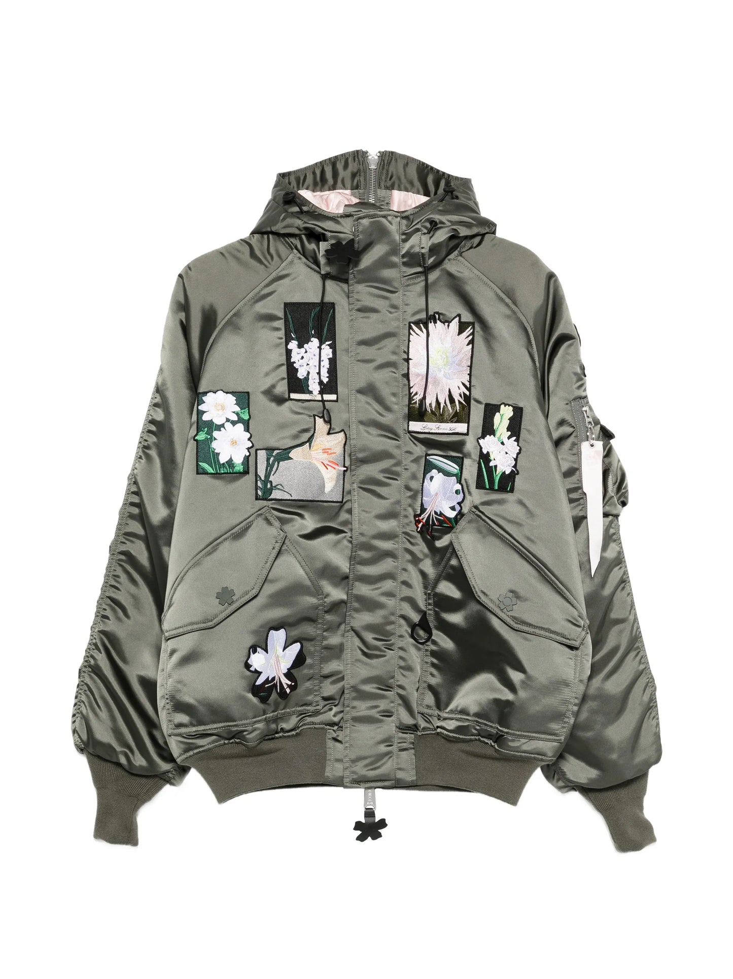 floral-patch hooded bomber jacket