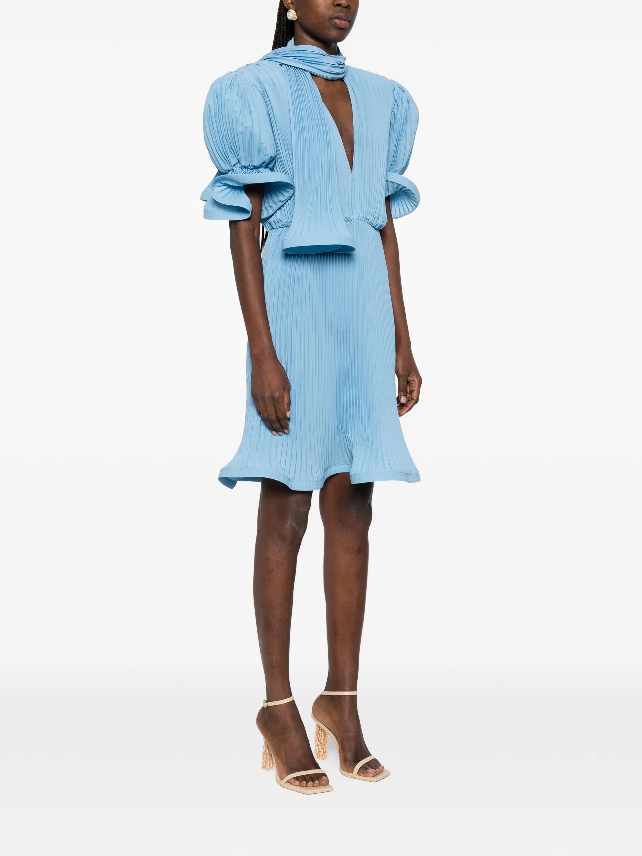 pleated puffy-sleeve midi dress