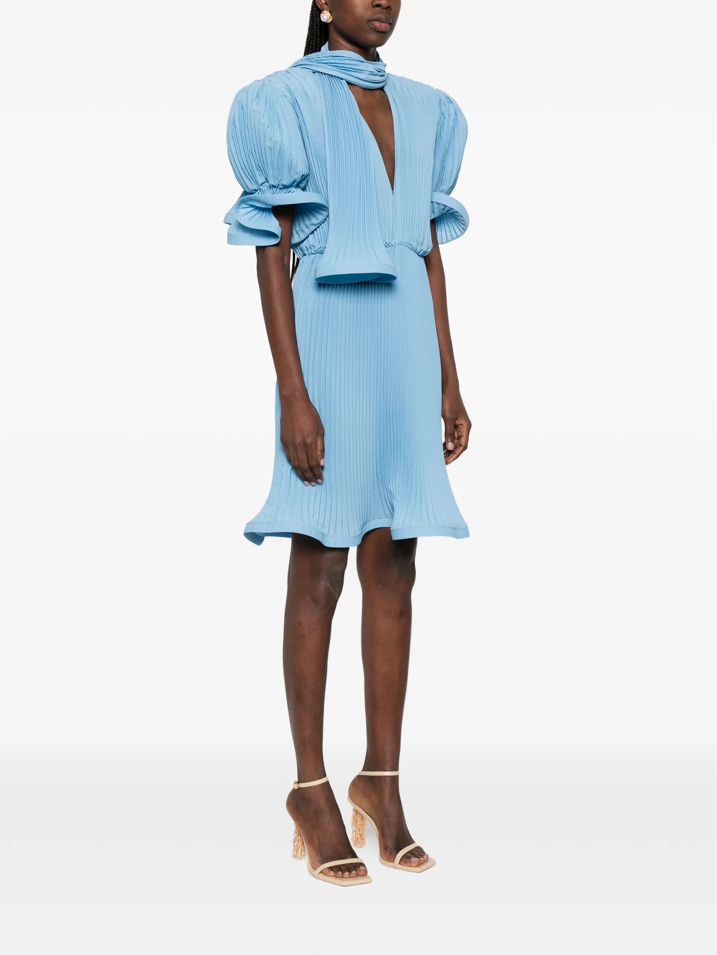 pleated puffy-sleeve midi dress