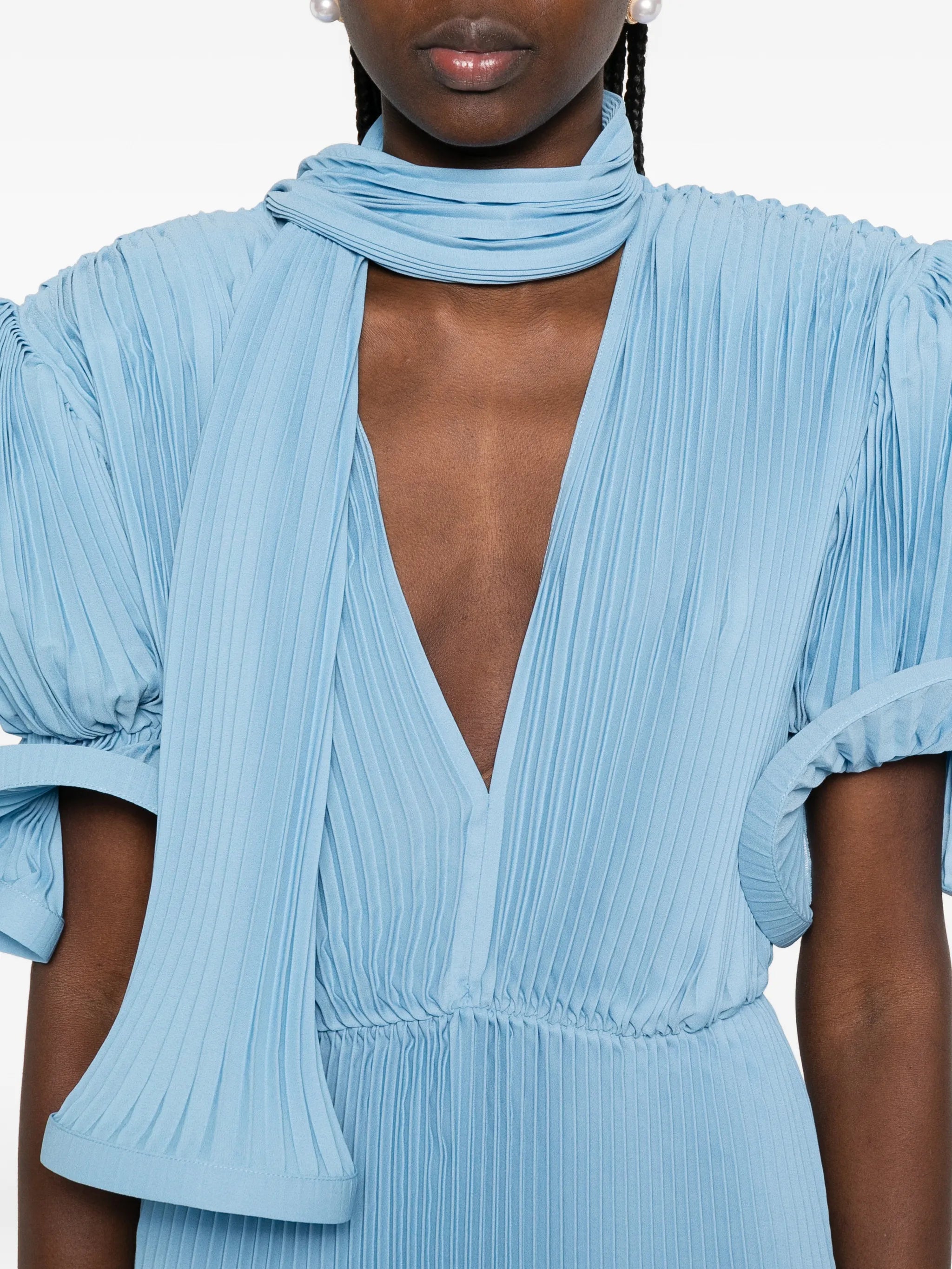 pleated puffy-sleeve midi dress