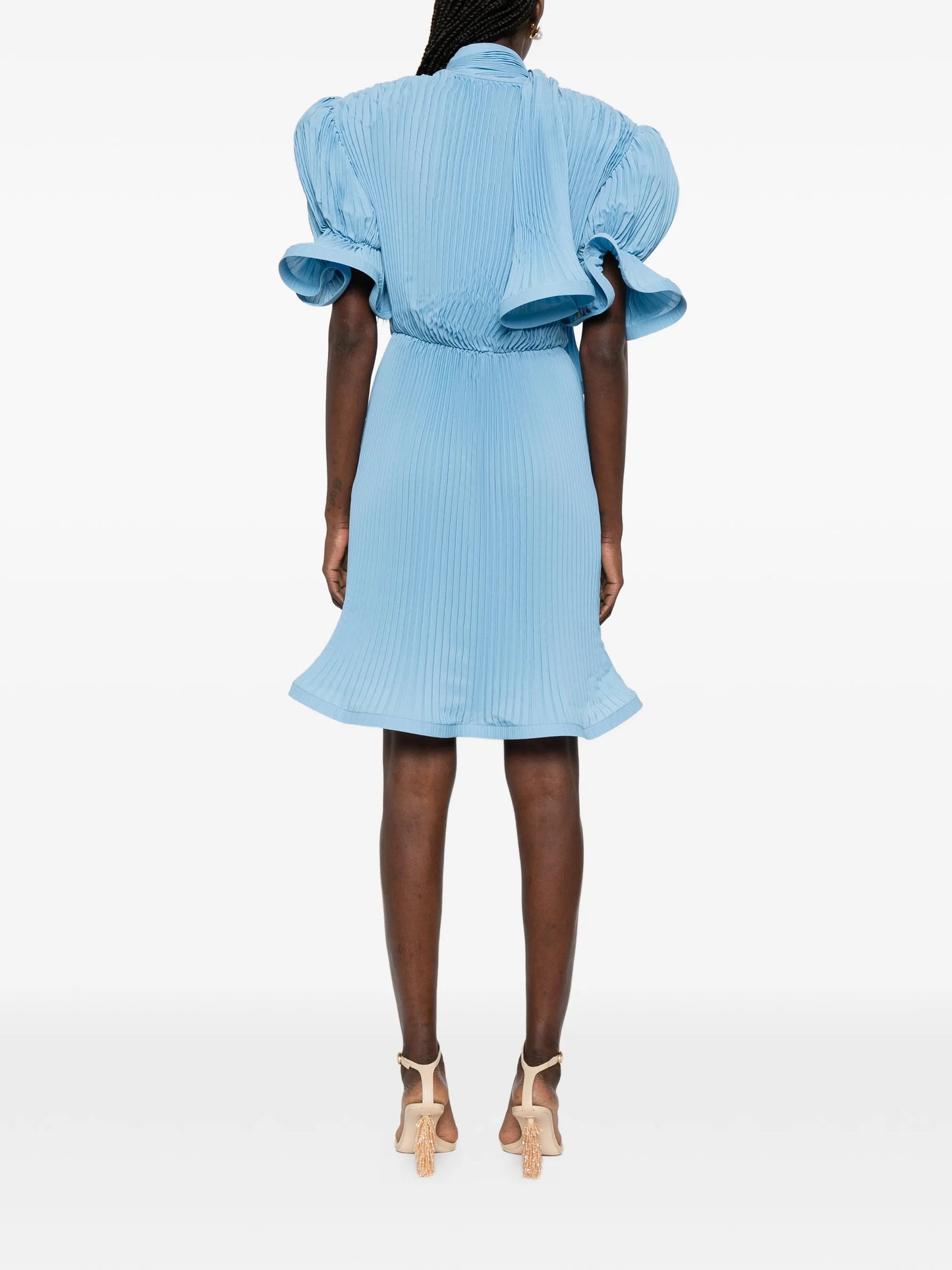 pleated puffy-sleeve midi dress