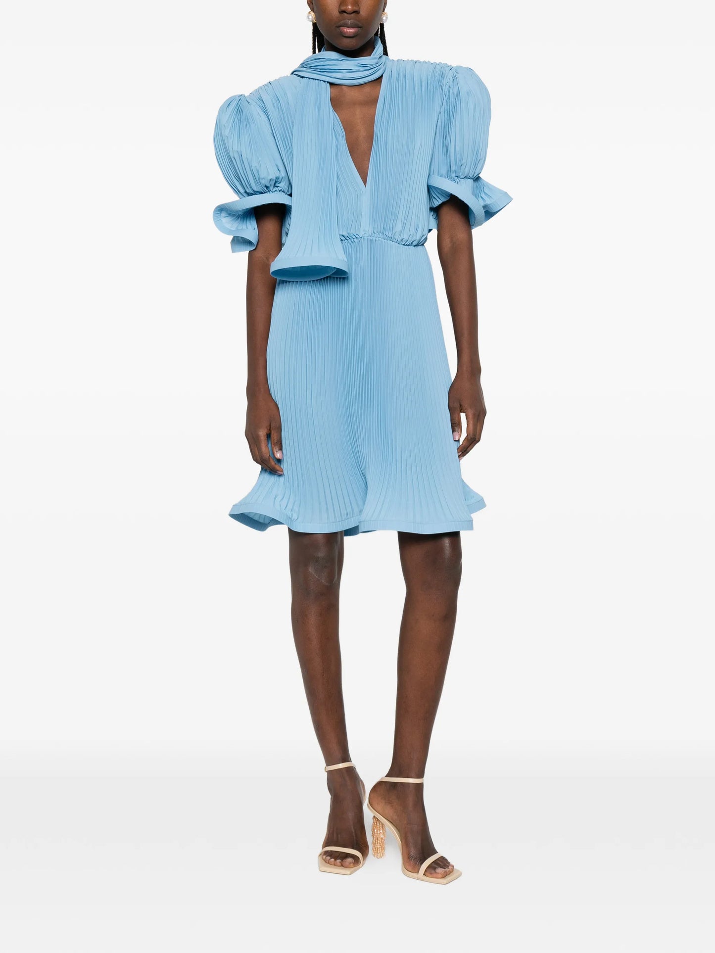 pleated puffy-sleeve midi dress