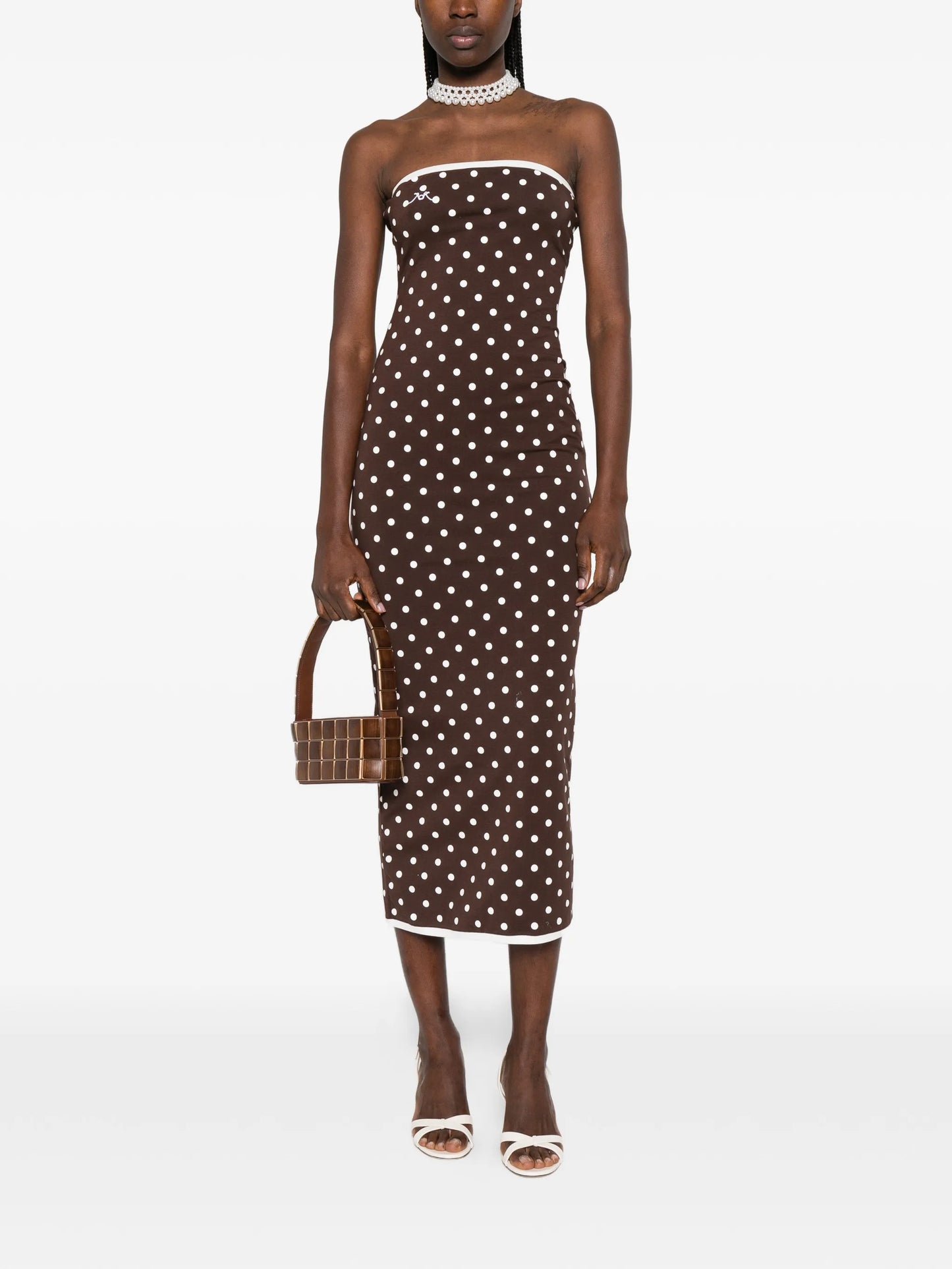 polka dot strapless midi dress