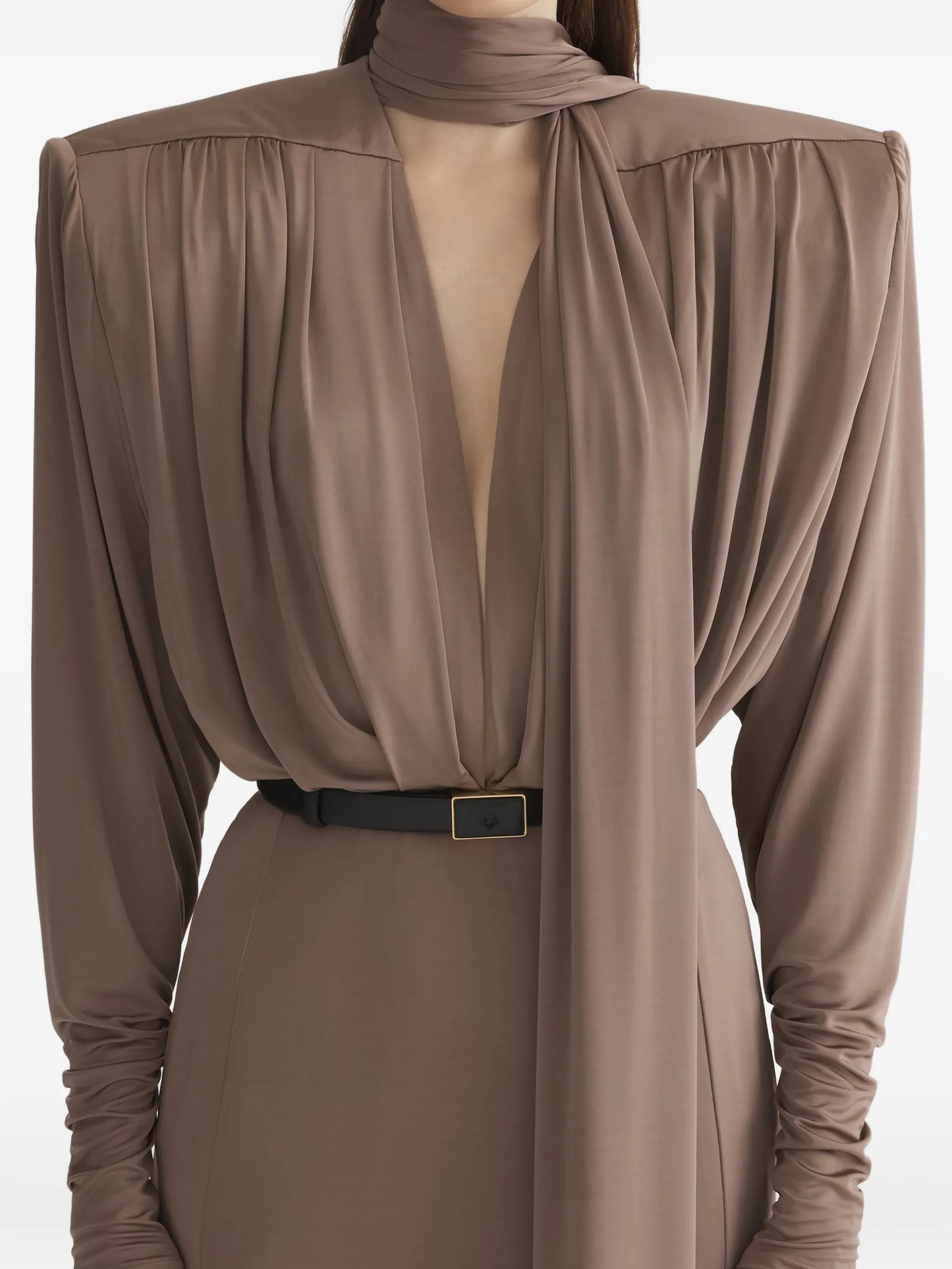 draped long-sleeve dress