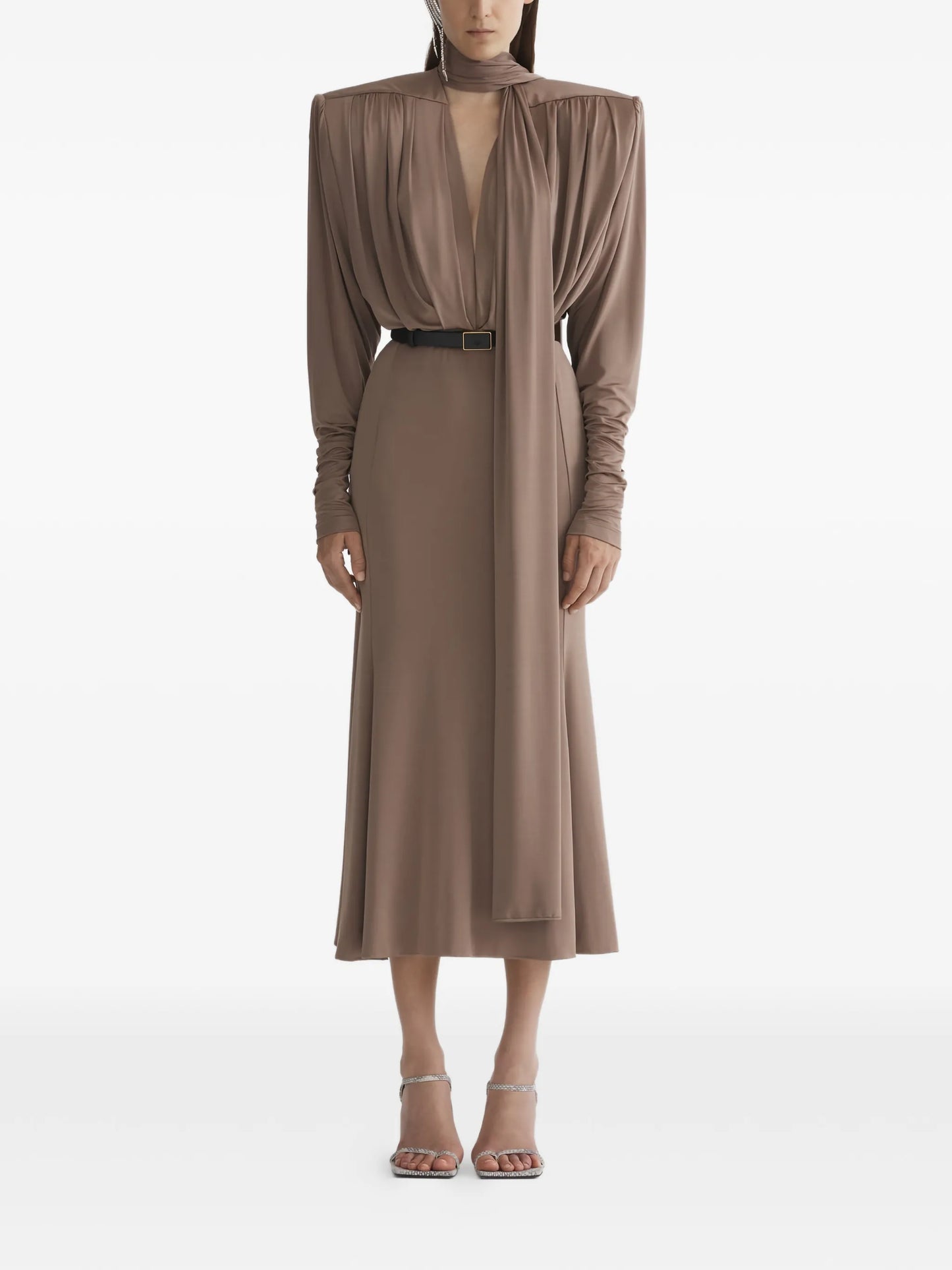 draped long-sleeve dress