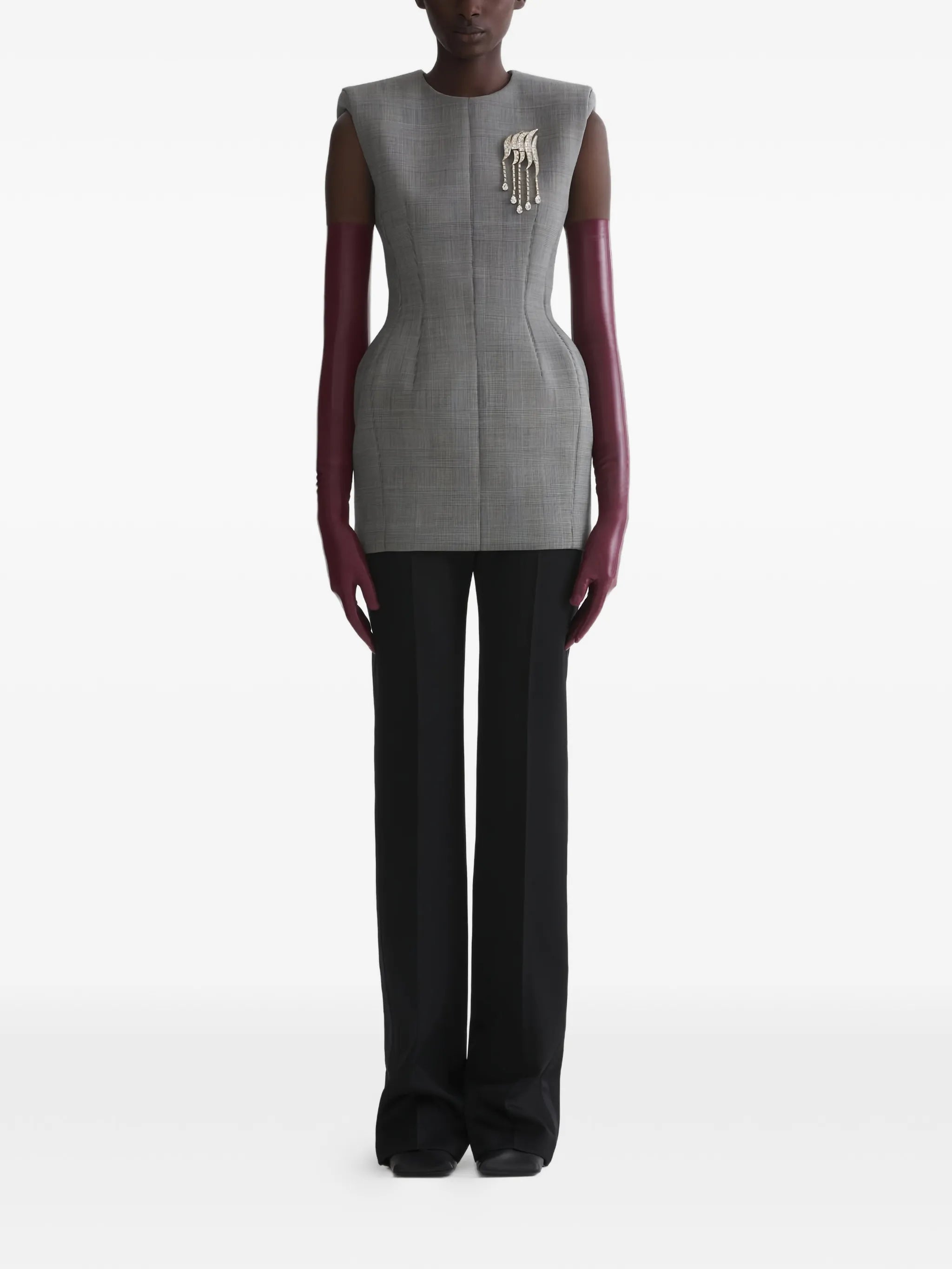 shoulder pad brooch dress