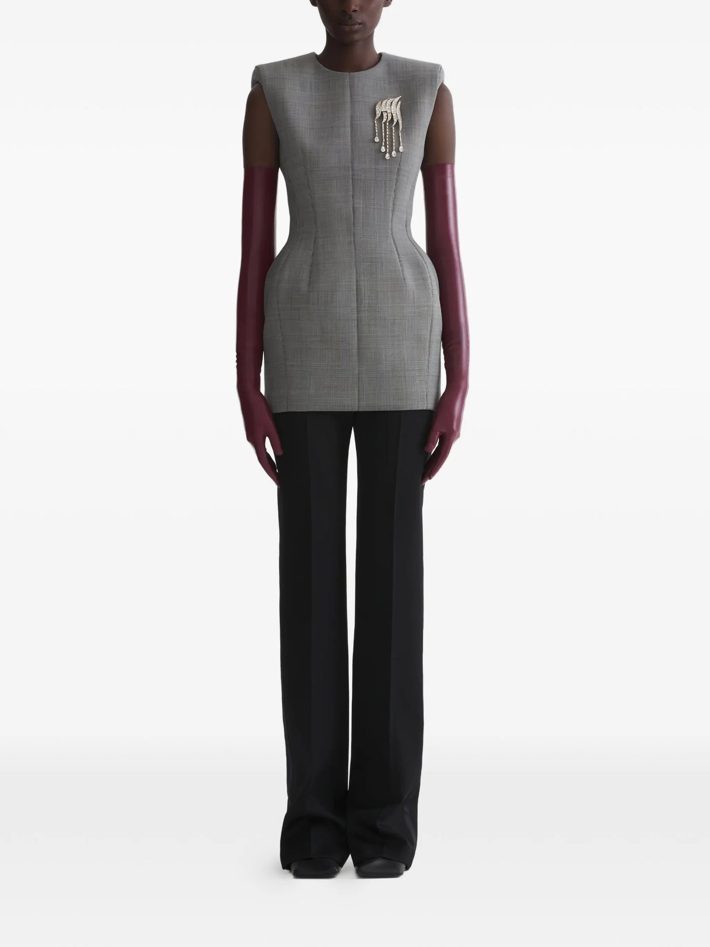 shoulder pad brooch dress