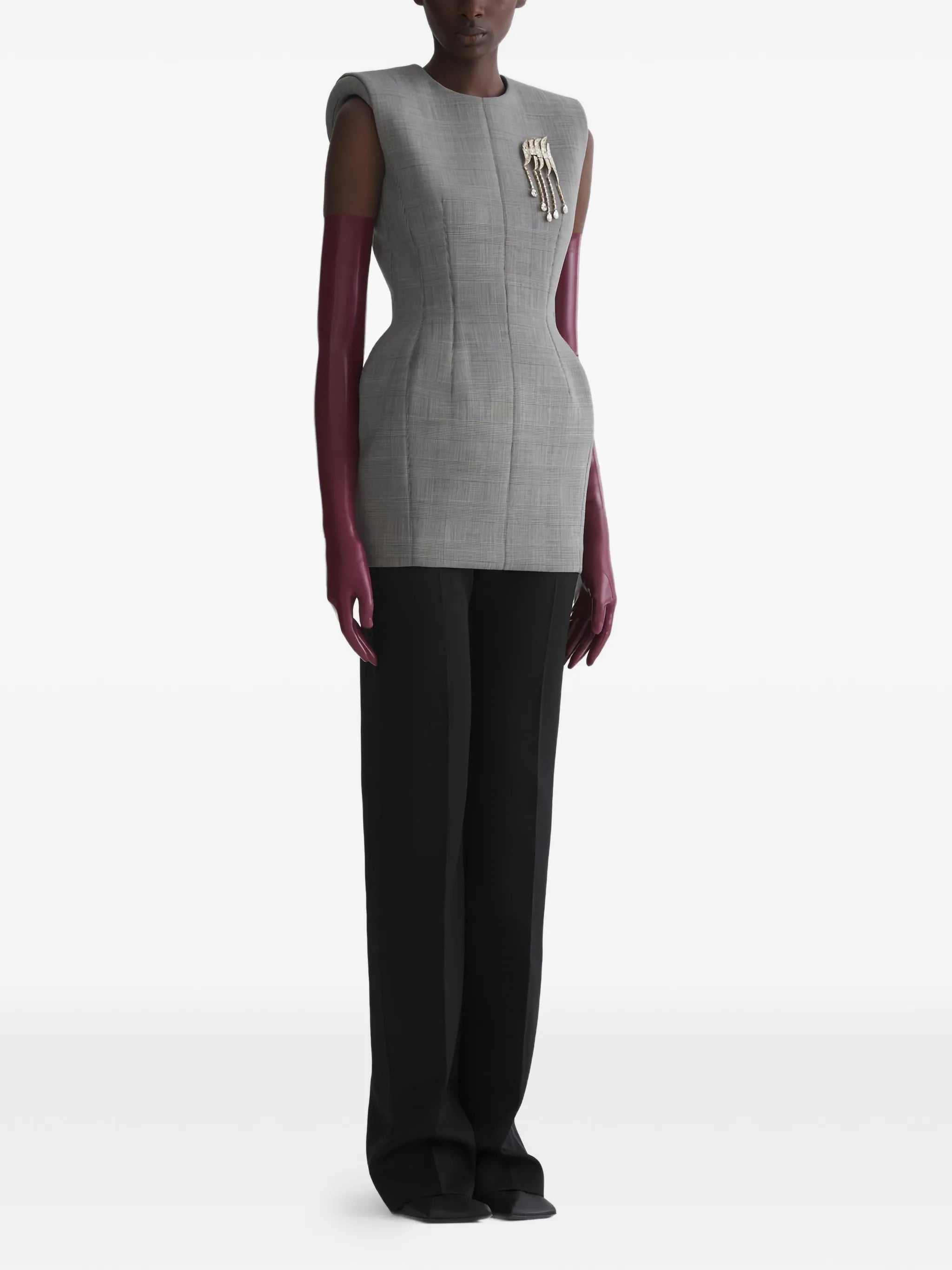 shoulder pad brooch dress