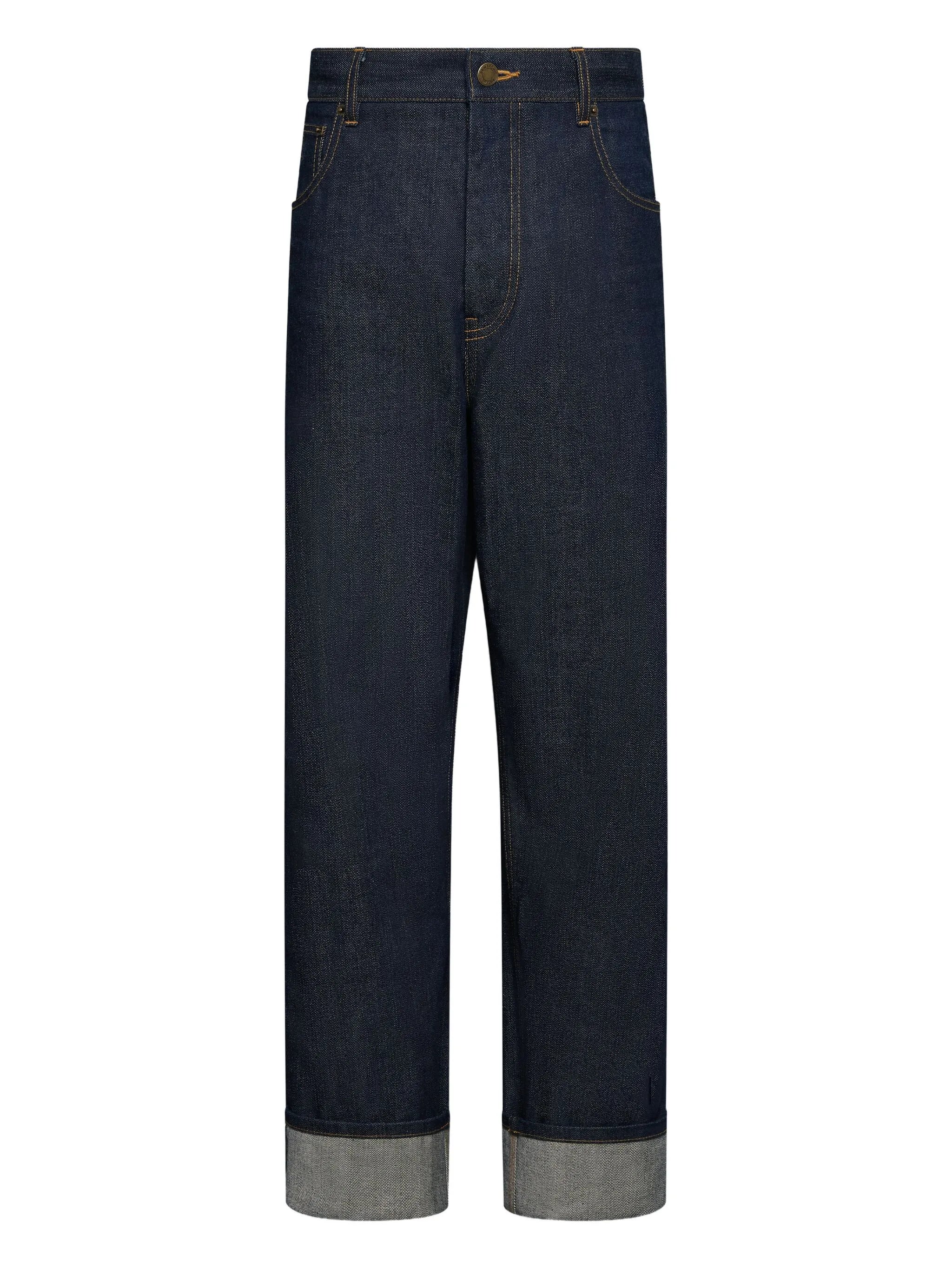 selvedge-detail backstrap trousers