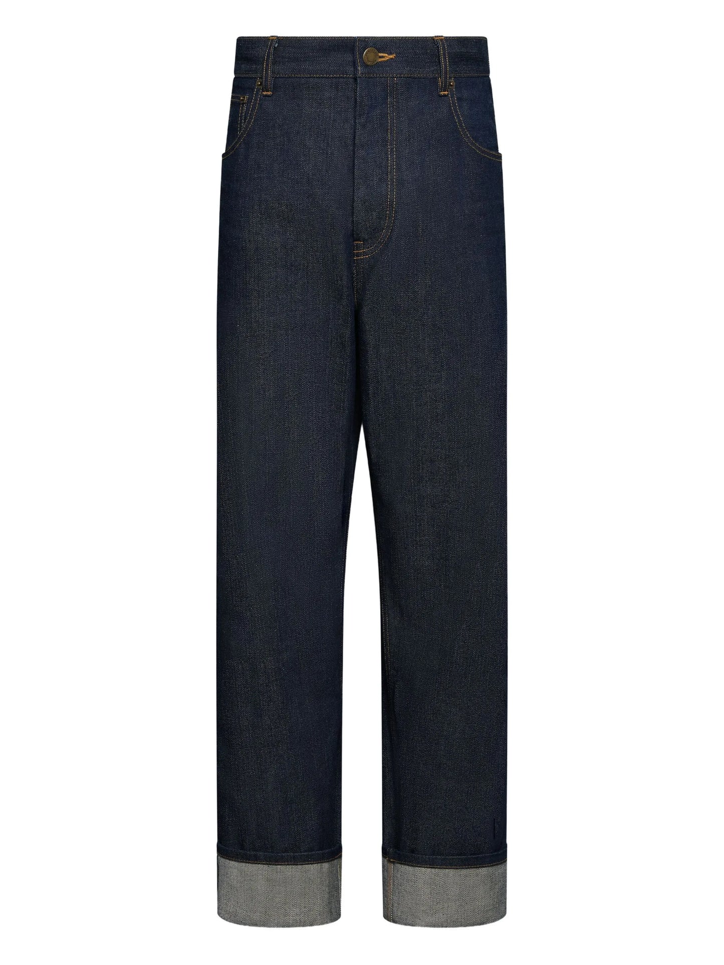 selvedge-detail backstrap trousers