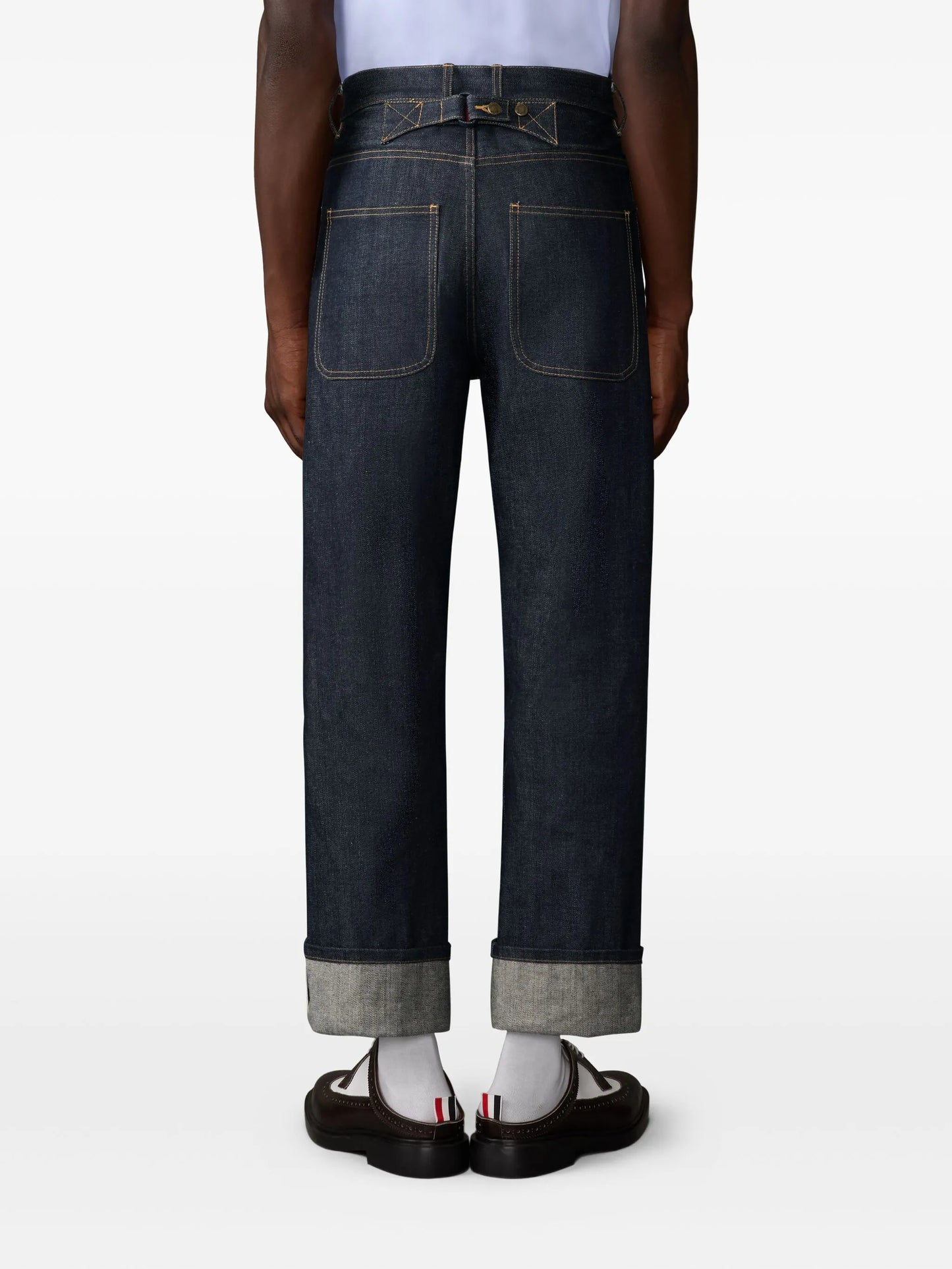 selvedge-detail backstrap trousers