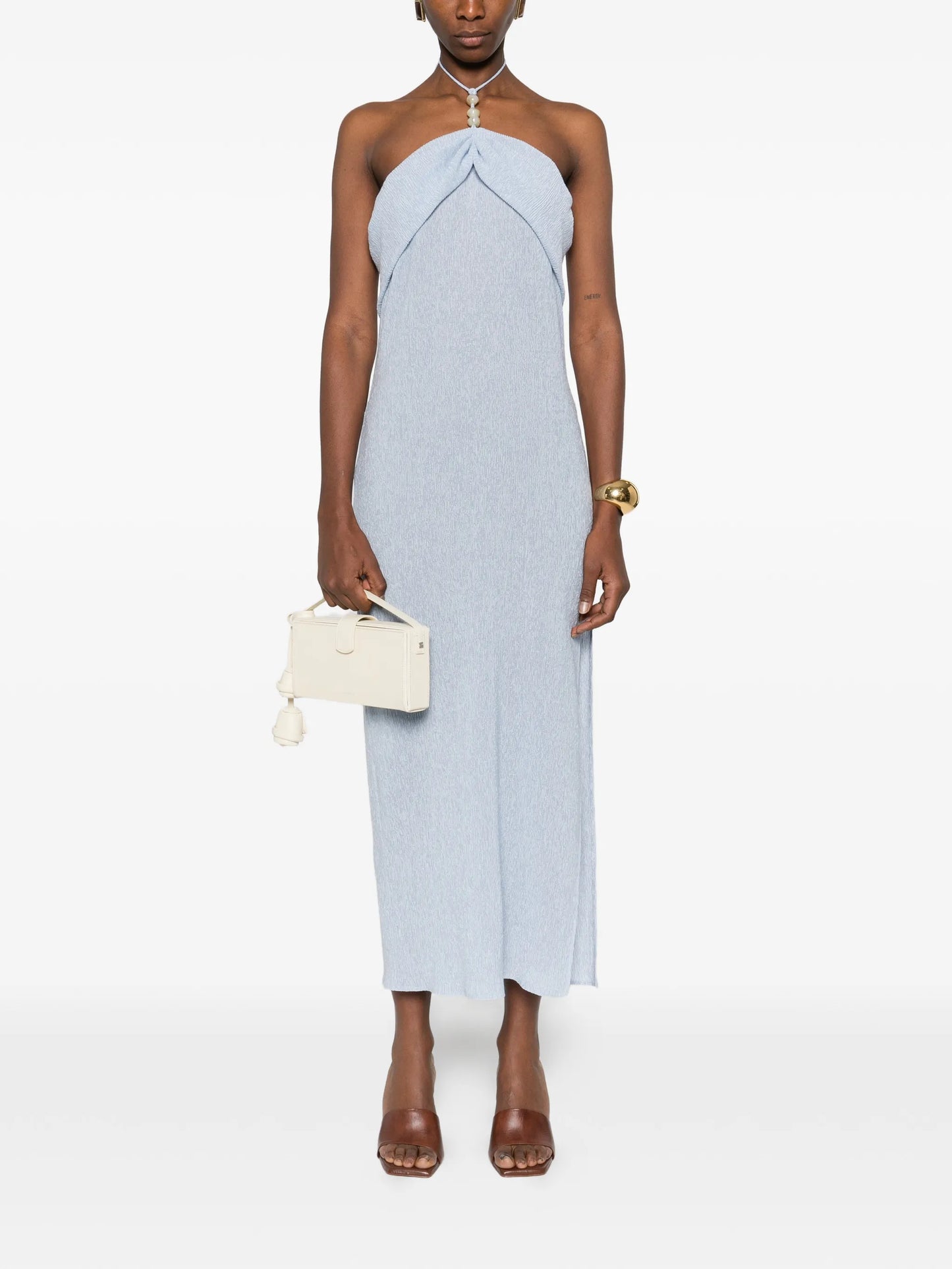 halterneck draped midi dress