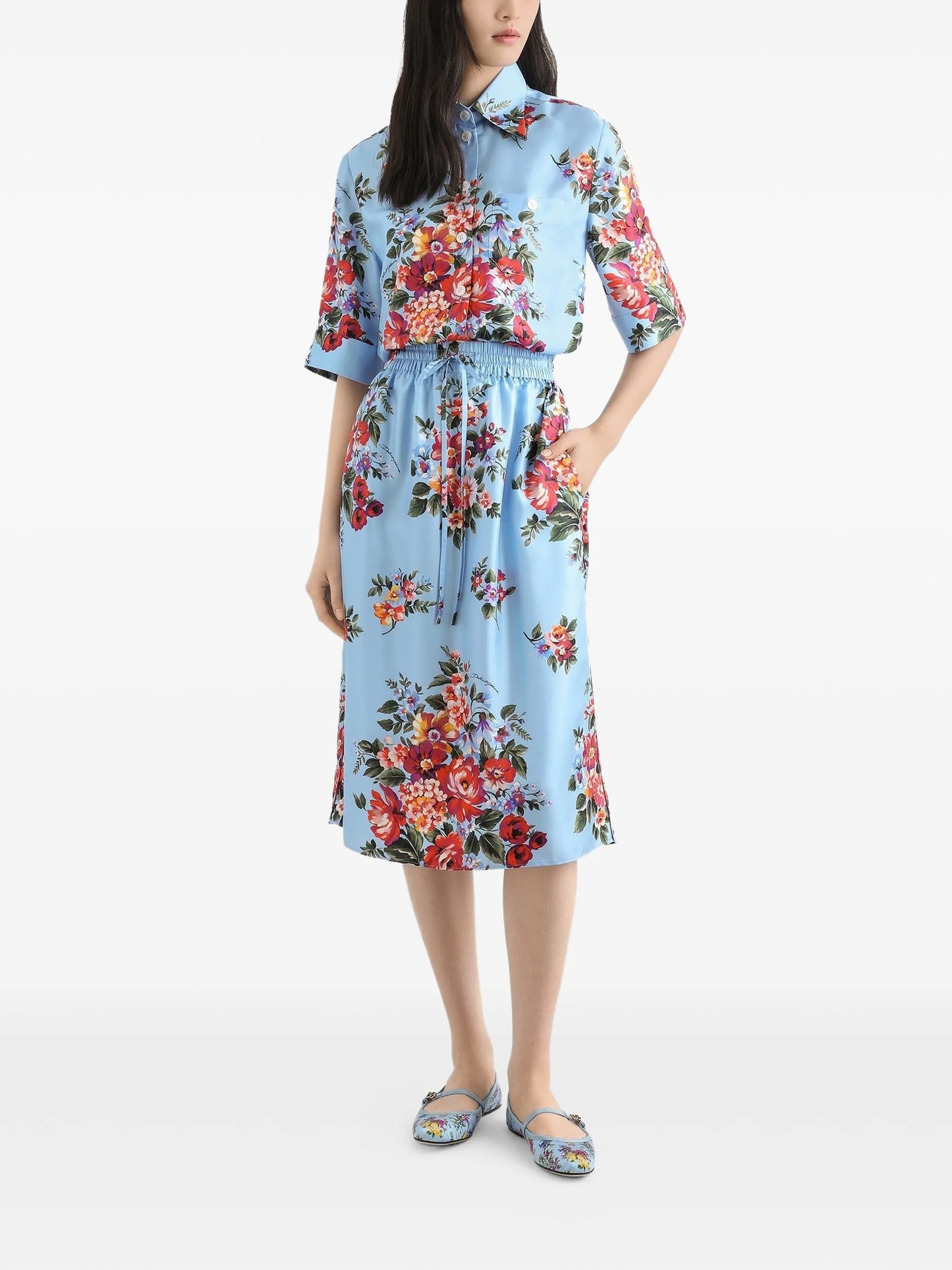 floral-print elasticated midi skirt