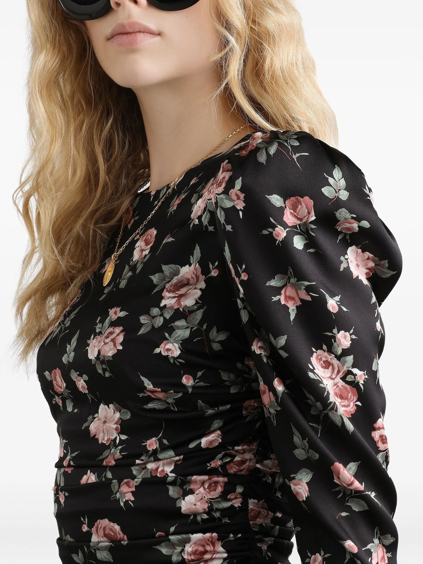 ruched floral mini dress