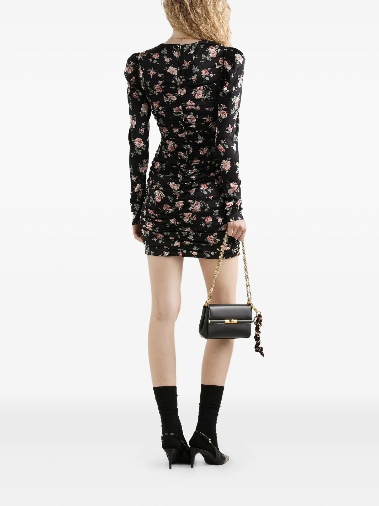 ruched floral mini dress