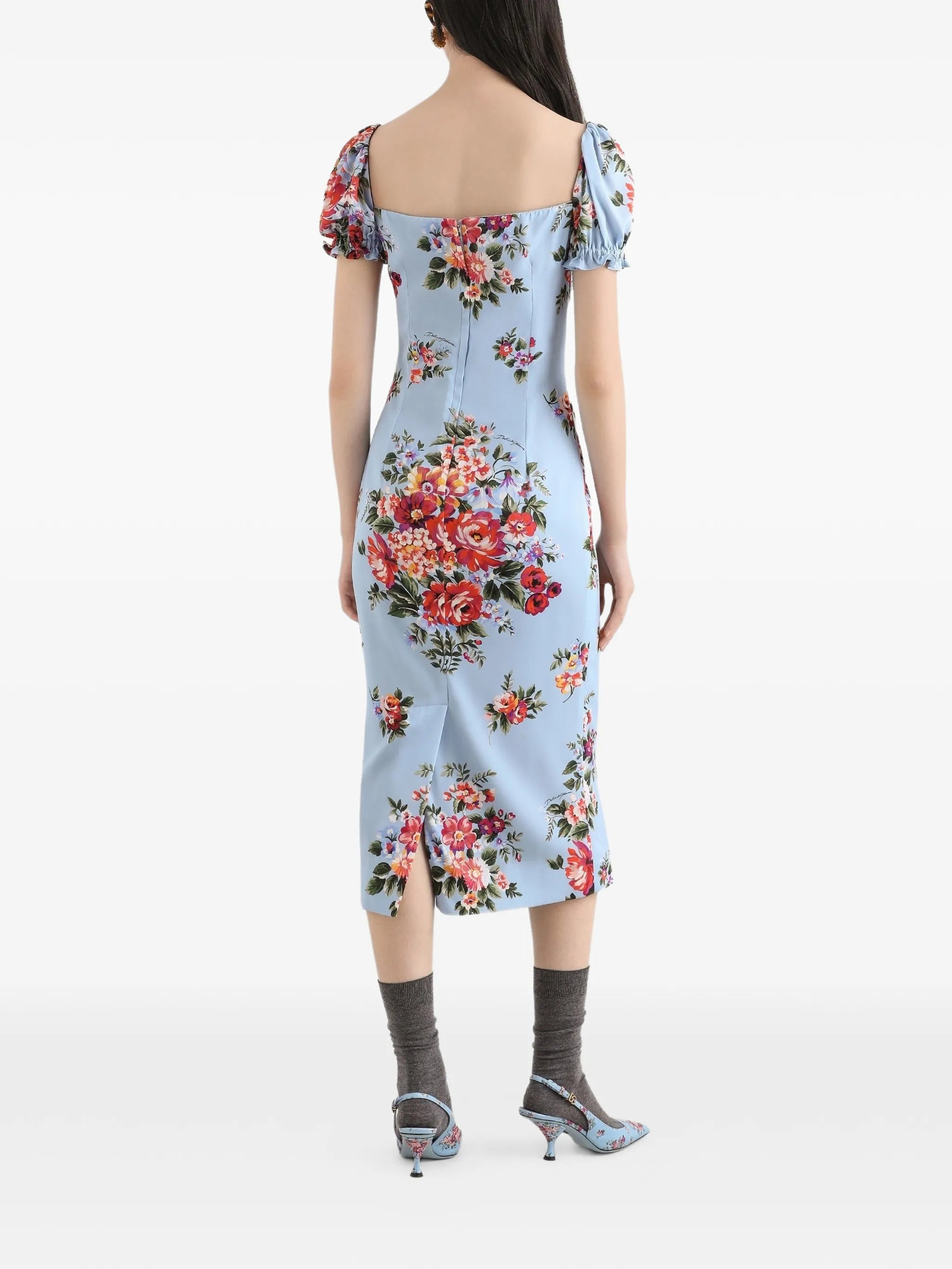 floral-print  puff-sleeve midi dress
