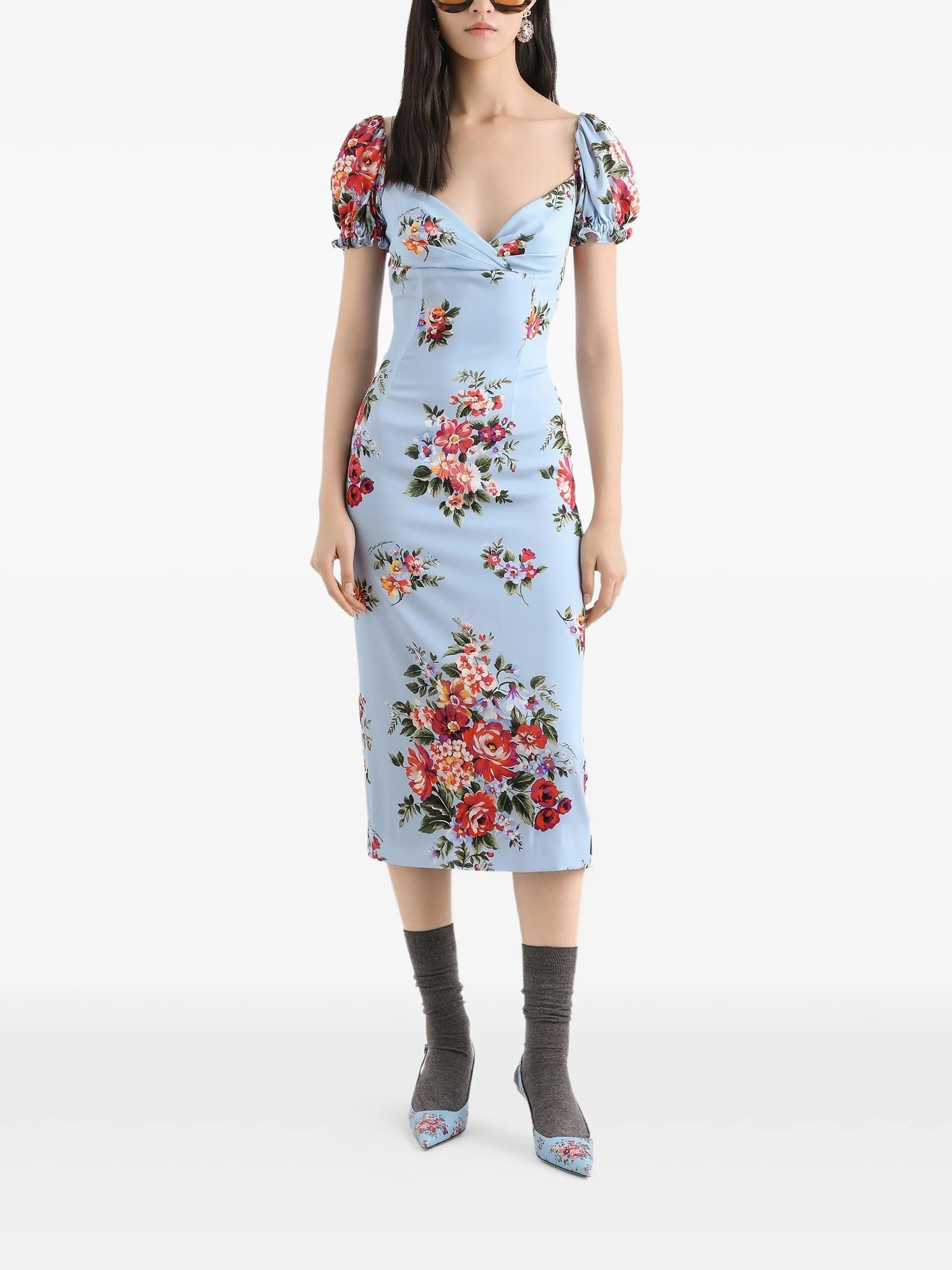 floral-print  puff-sleeve midi dress