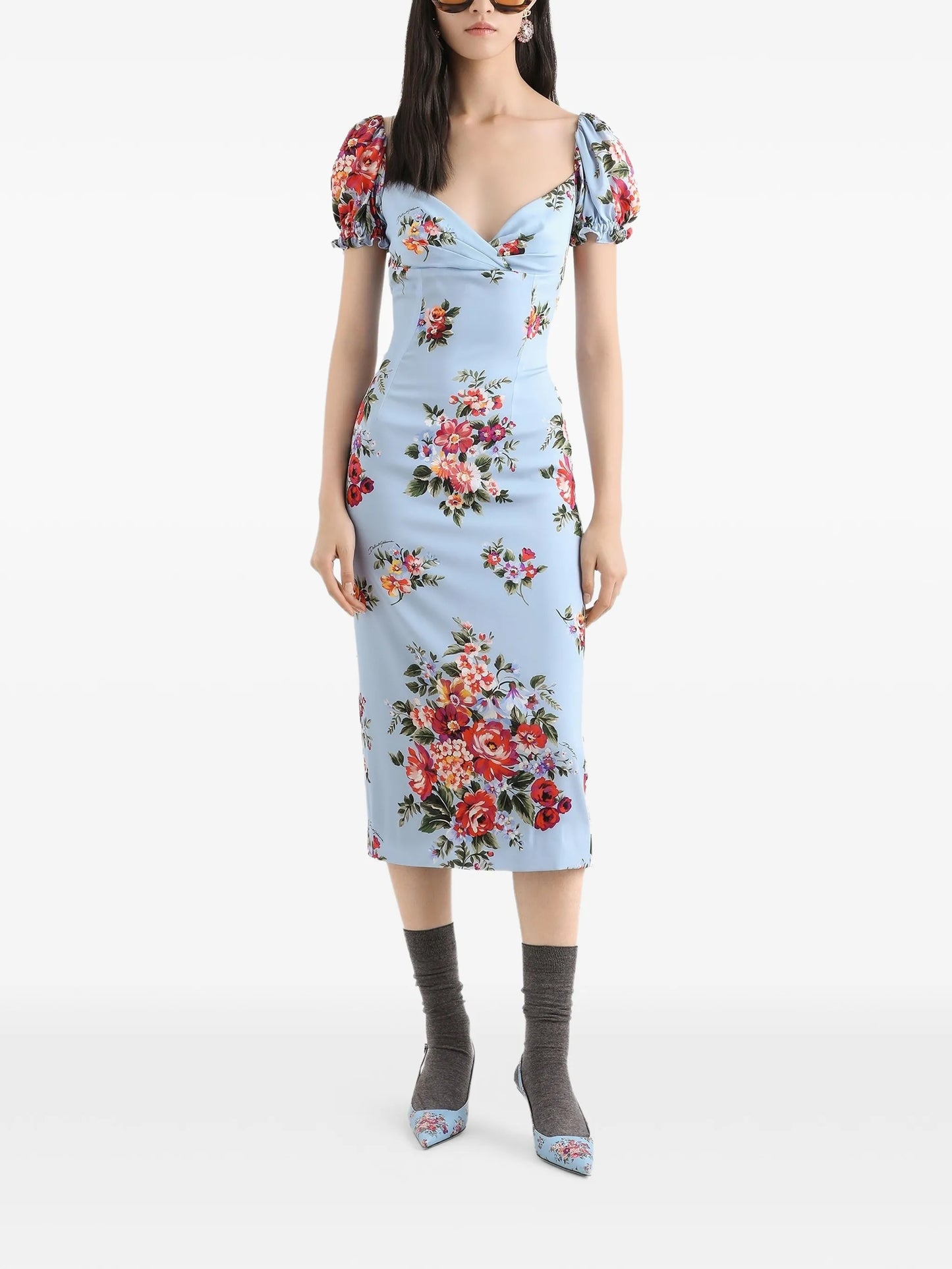 floral-print  puff-sleeve midi dress