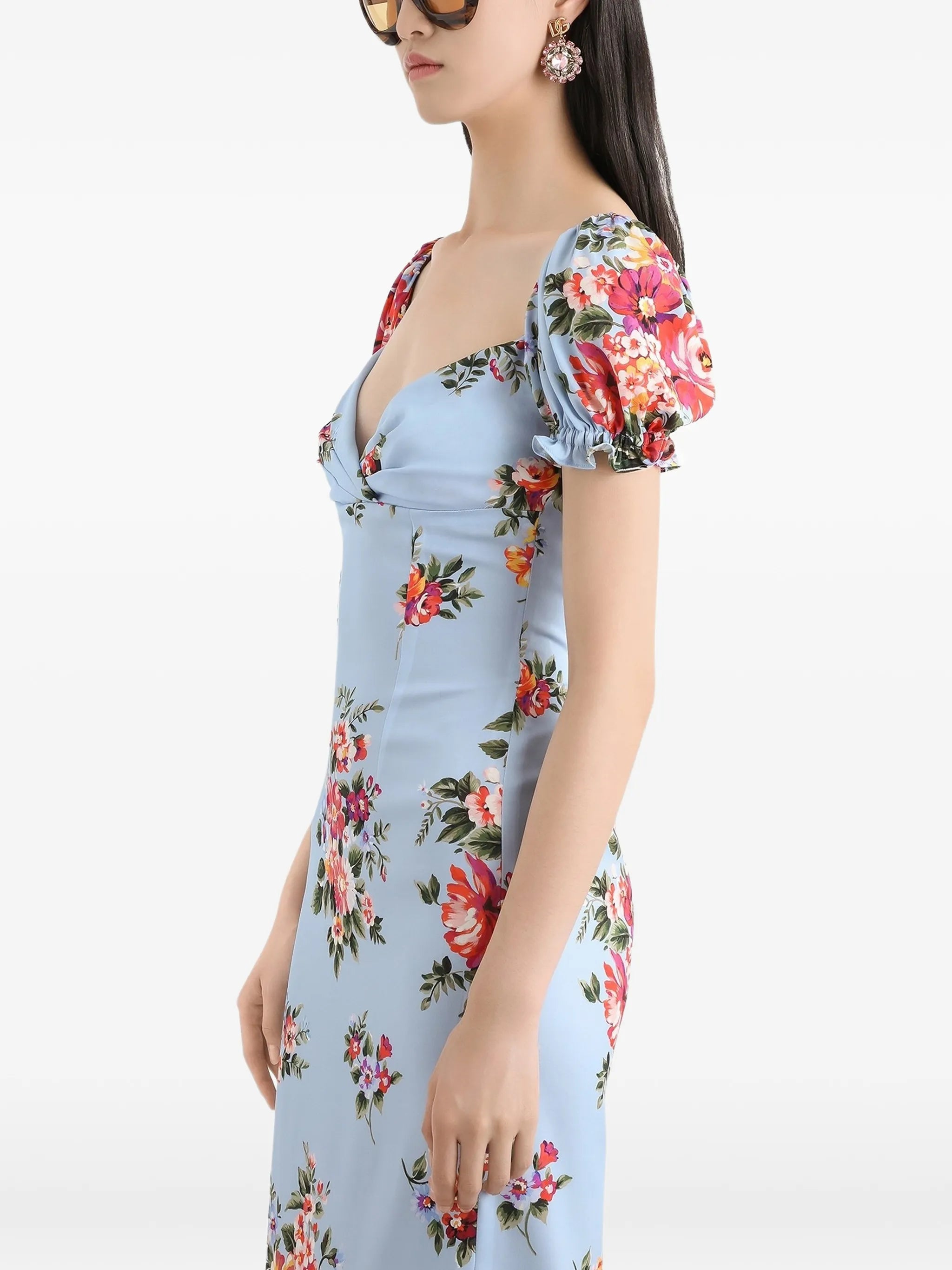 floral-print  puff-sleeve midi dress