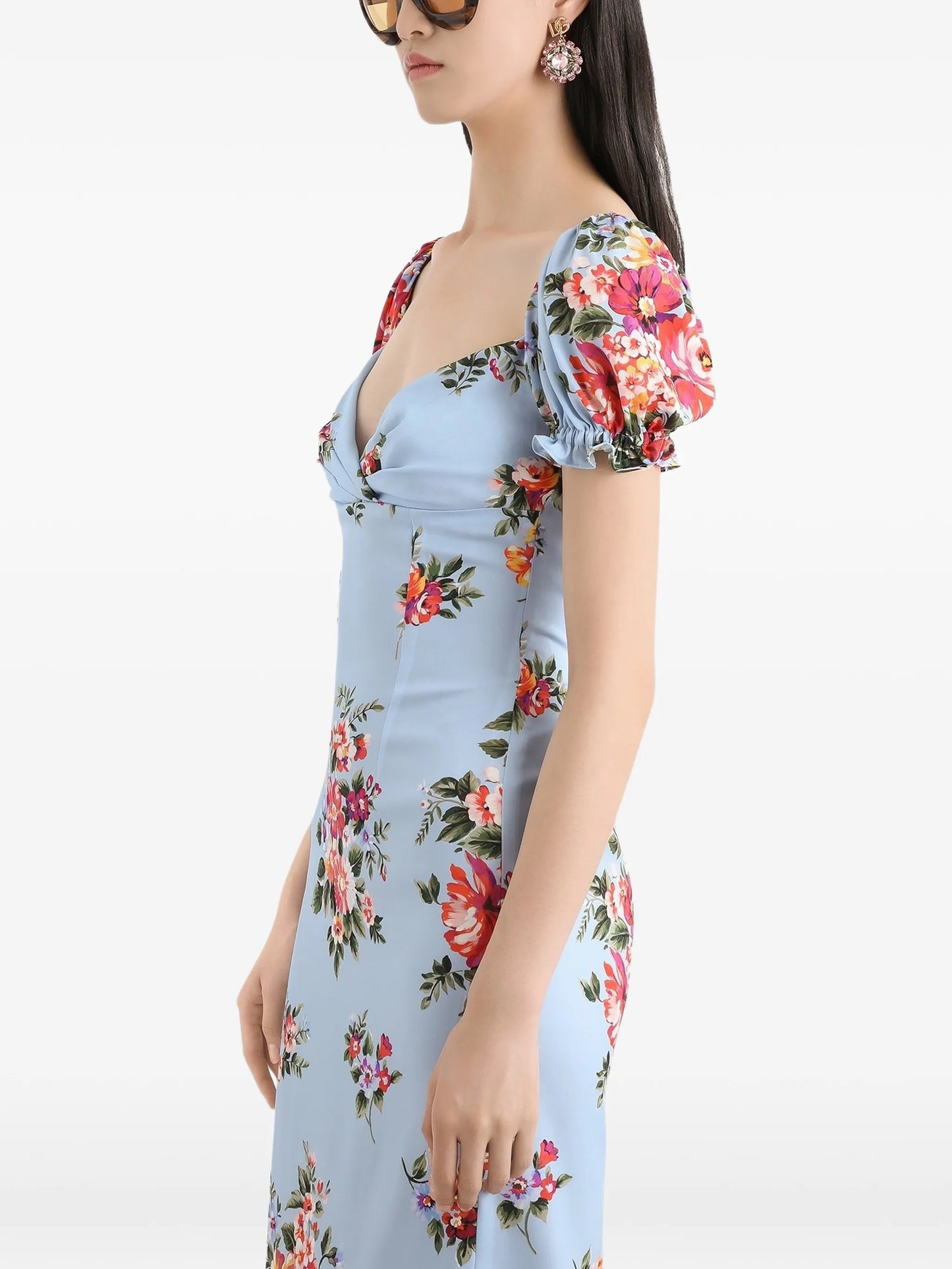 floral-print  puff-sleeve midi dress