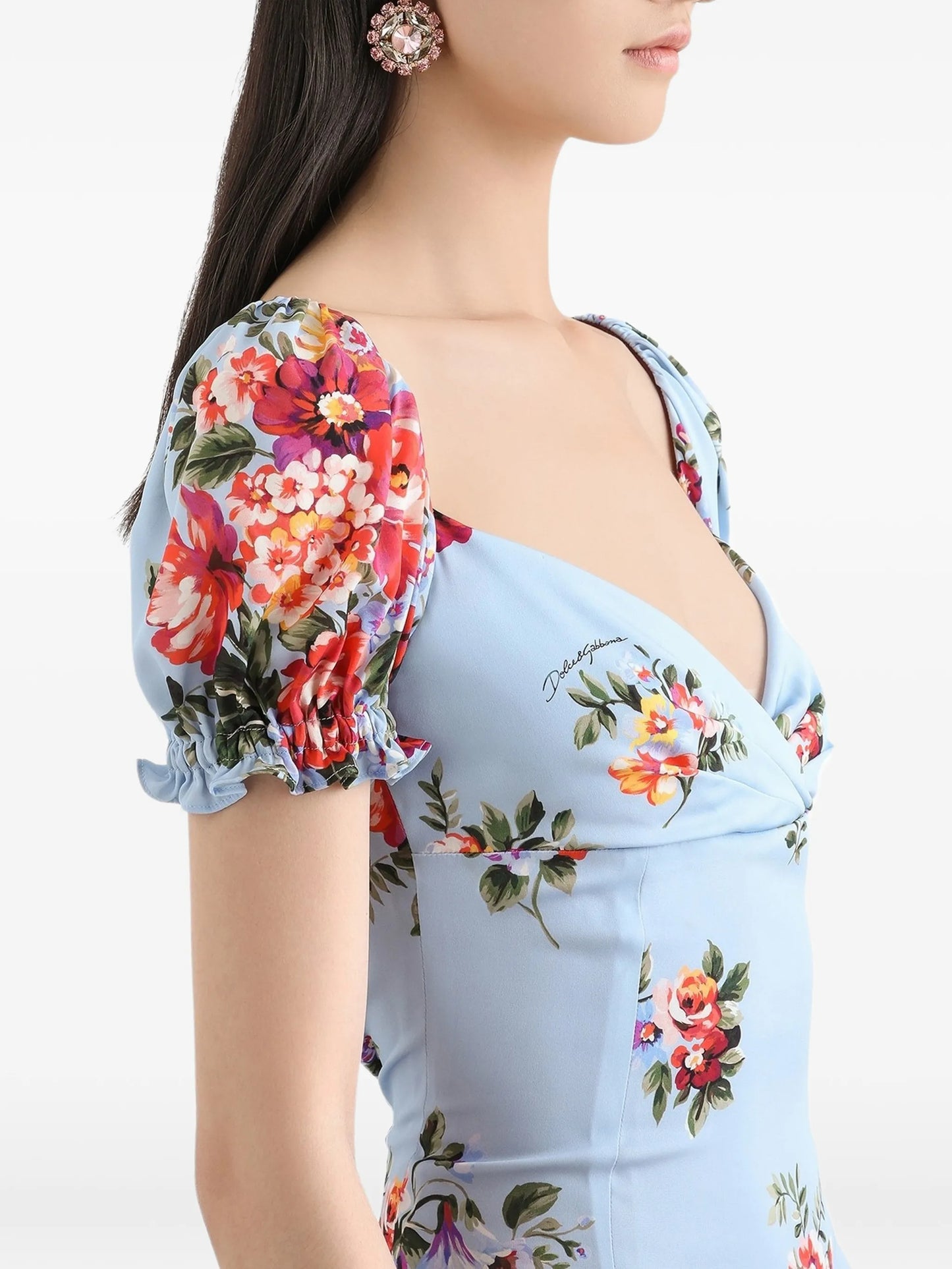 floral-print  puff-sleeve midi dress