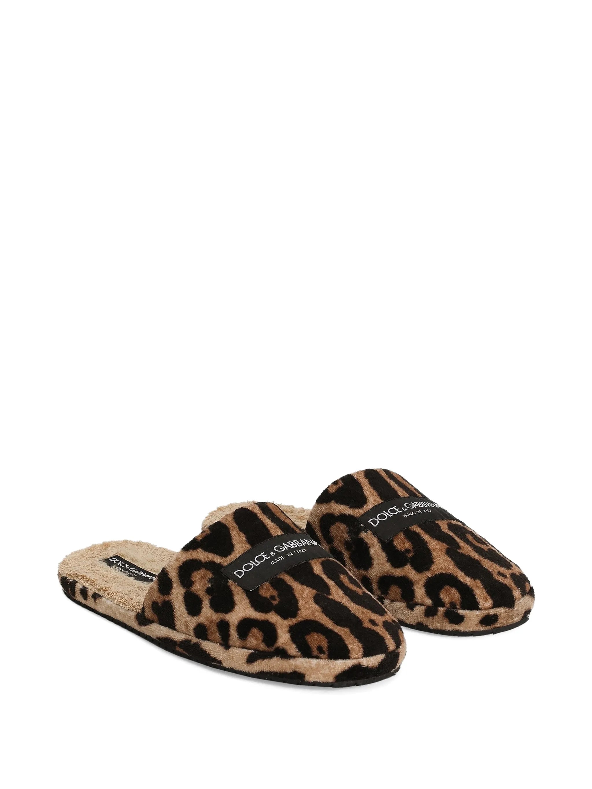 leo-print hotel terry slippers