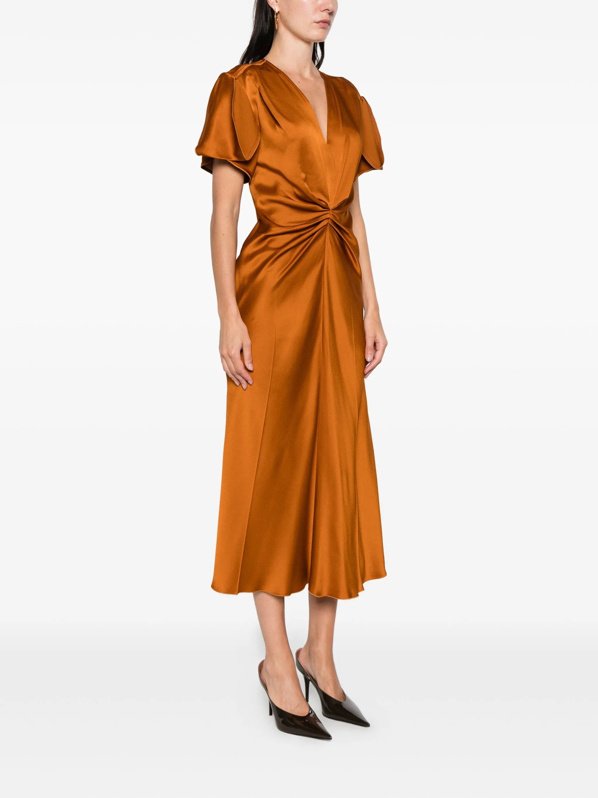 gathered satin dress