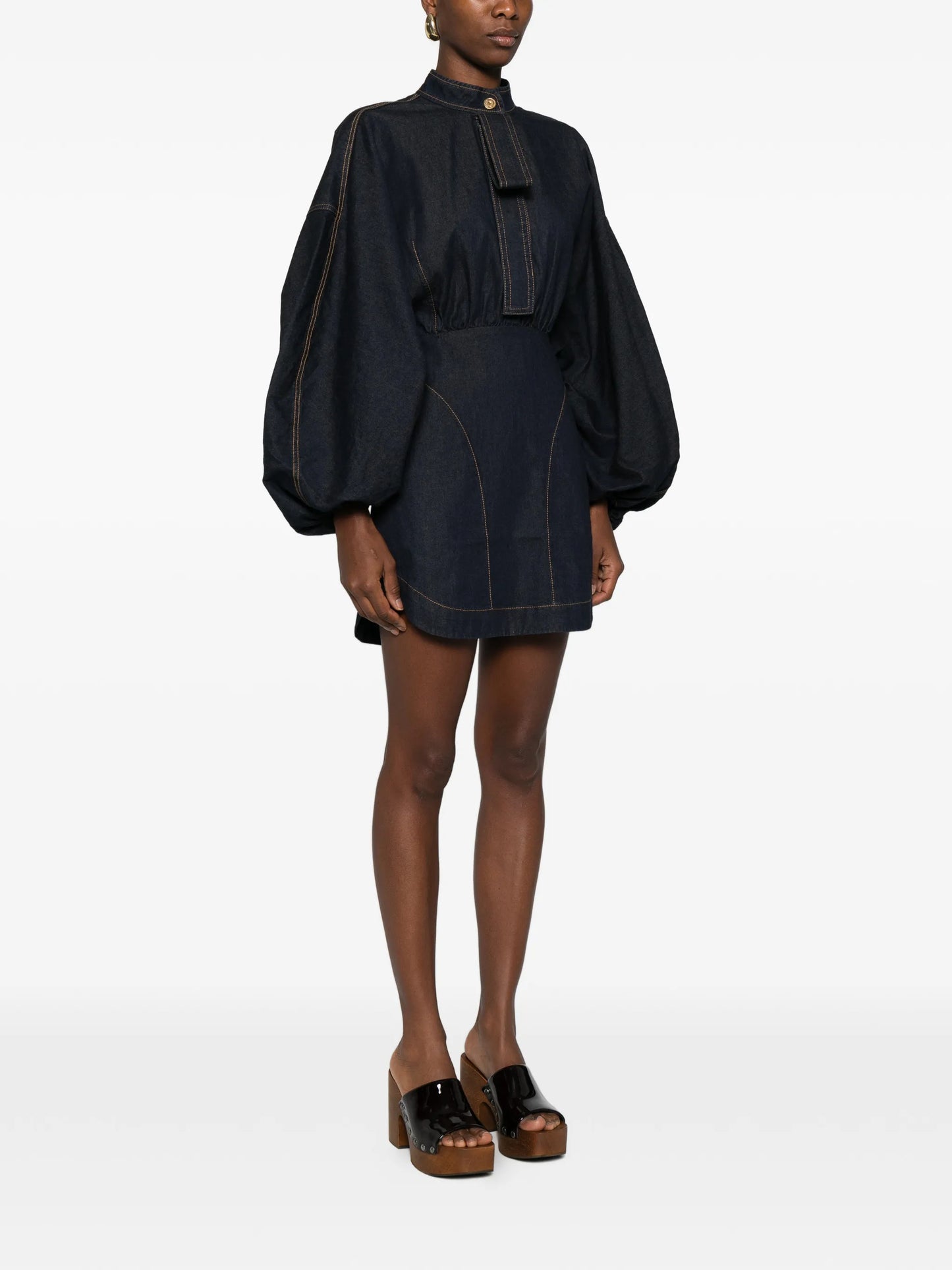 bishop-sleeve denim mini dress