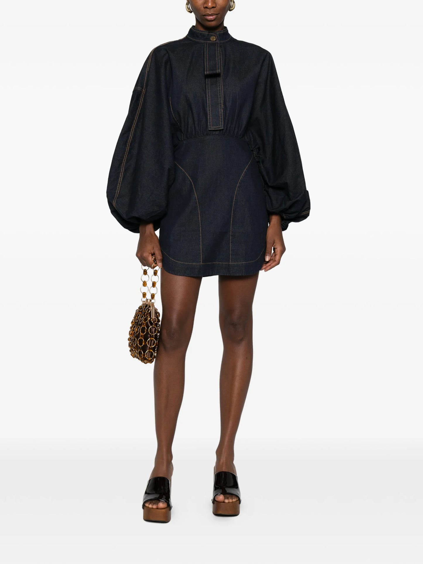 bishop-sleeve denim mini dress